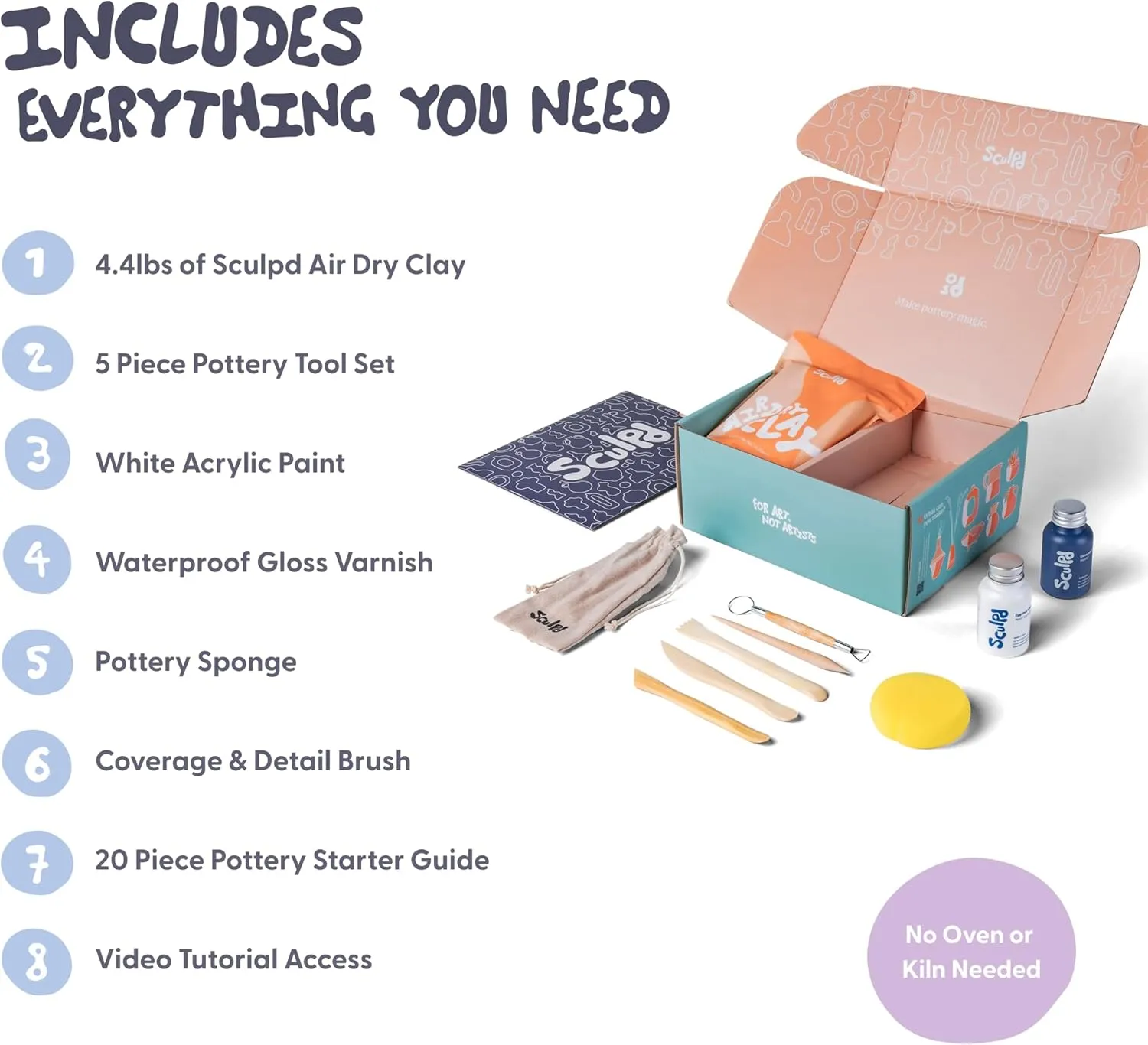Sculpd Pottery Starter Kit - Complete Air Dry Clay Beginner Set for 2 Adults: Includes Sculpting Tools, Gloss Varnish, Paint Brushes, Guide, Video Tutorials & More - Date Night Gift, Arts Crafts Hobby