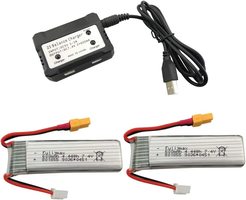 sea jump 2PCS 7.4V 600mAh Lithium Battery with 2in1 Charger Cable for XK K130 Six-Way Brushless Without Aileron 3D Stunt Helicopter Accessories High Rate RC Battery