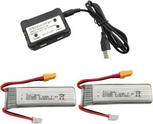 sea jump 2PCS 7.4V 600mAh Lithium Battery with 2in1 Charger Cable for XK K130 Six-Way Brushless Without Aileron 3D Stunt Helicopter Accessories High Rate RC Battery