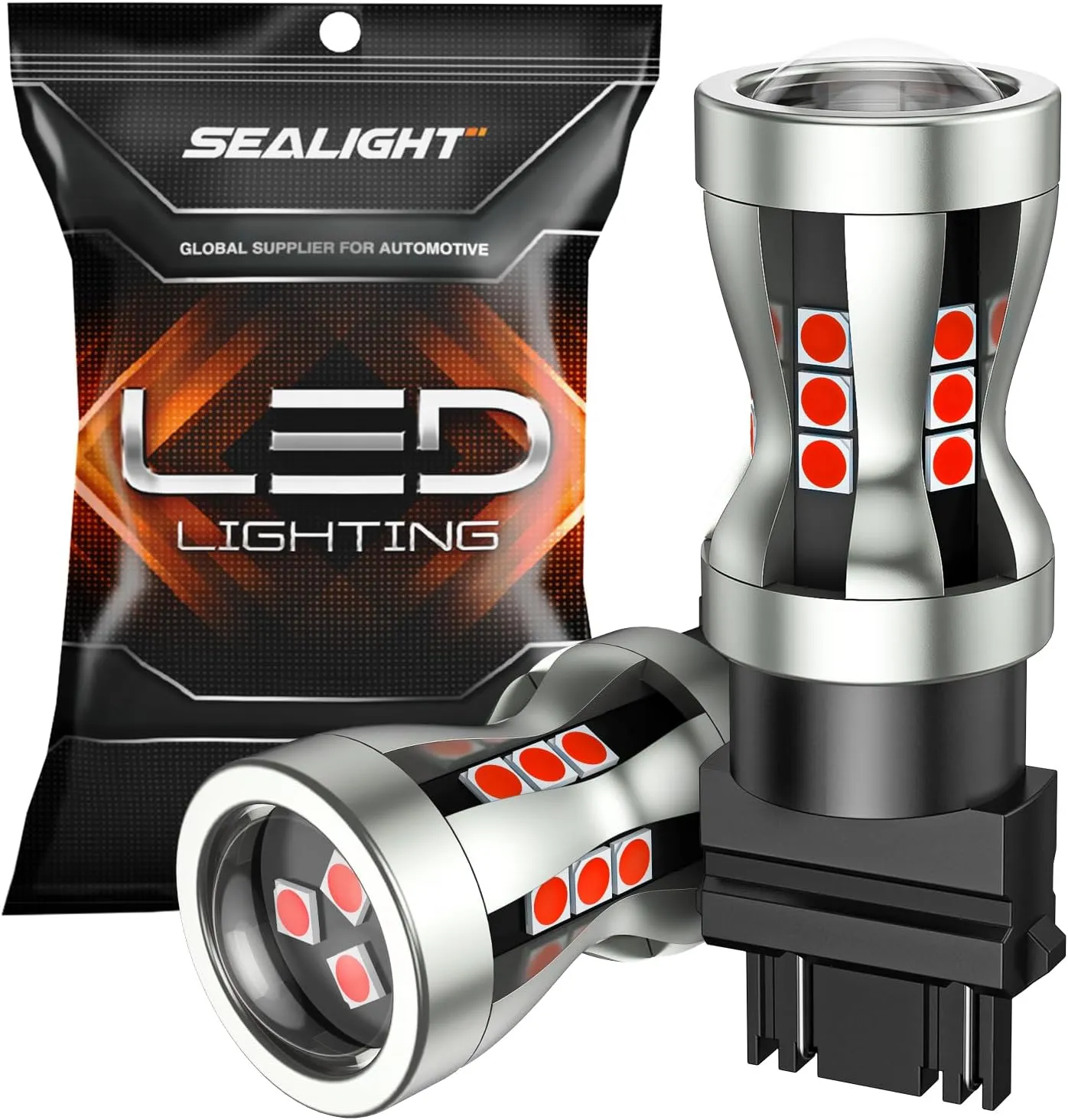 SEALIGHT LED Brake Light Bulbs, 3157 LED Red 3057 4157 T25 3156 Tail Light, Canbus Error Free, 2600 Lumens Red, with Projector Lenses, Plug N Play for Rear Parking Stop Brake Light, Pack of 2
