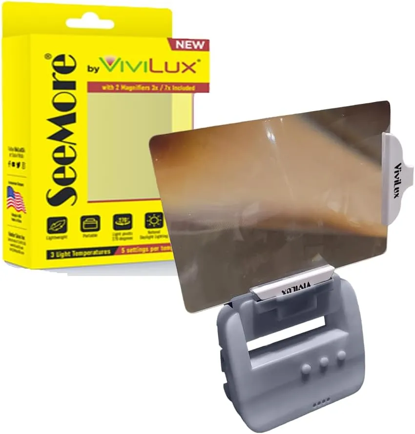 SeeMore by ViviLux HandsFree LED Light   Magnifier, Includes Lanyard for Wearing. Includes 3X and 7X Optical Grade Distortion Free magnifiers. Rechargeable Battery Lasts up to 40 Hours on a Charge.