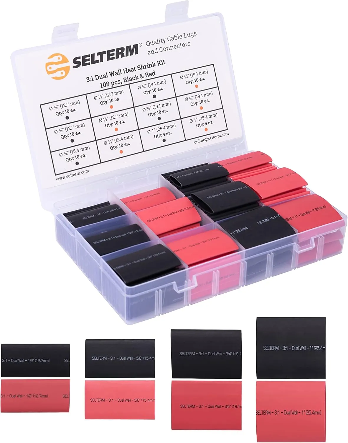 SELTERM Large Size Marine Grade Heat Shrink Tubing Kit 1, 3/4, 1/2, 5/8 Inch Assortment, 3:1 Dual Wall Adhesive Lined, for Battery Cable Lugs Wire Terminal Connectors – Black & Red [108 pcs]