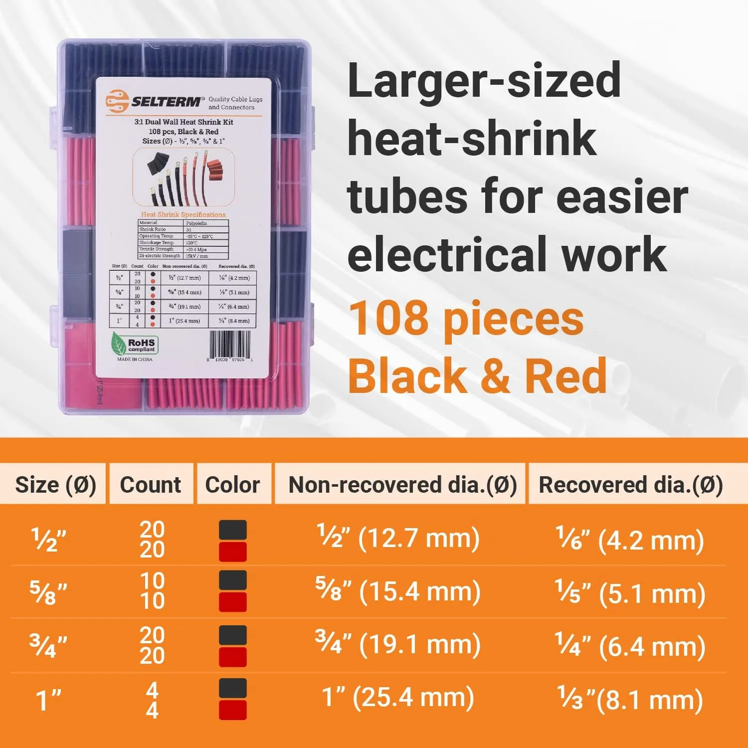 SELTERM Large Size Marine Grade Heat Shrink Tubing Kit 1, 3/4, 1/2, 5/8 Inch Assortment, 3:1 Dual Wall Adhesive Lined, for Battery Cable Lugs Wire Terminal Connectors – Black & Red [108 pcs]