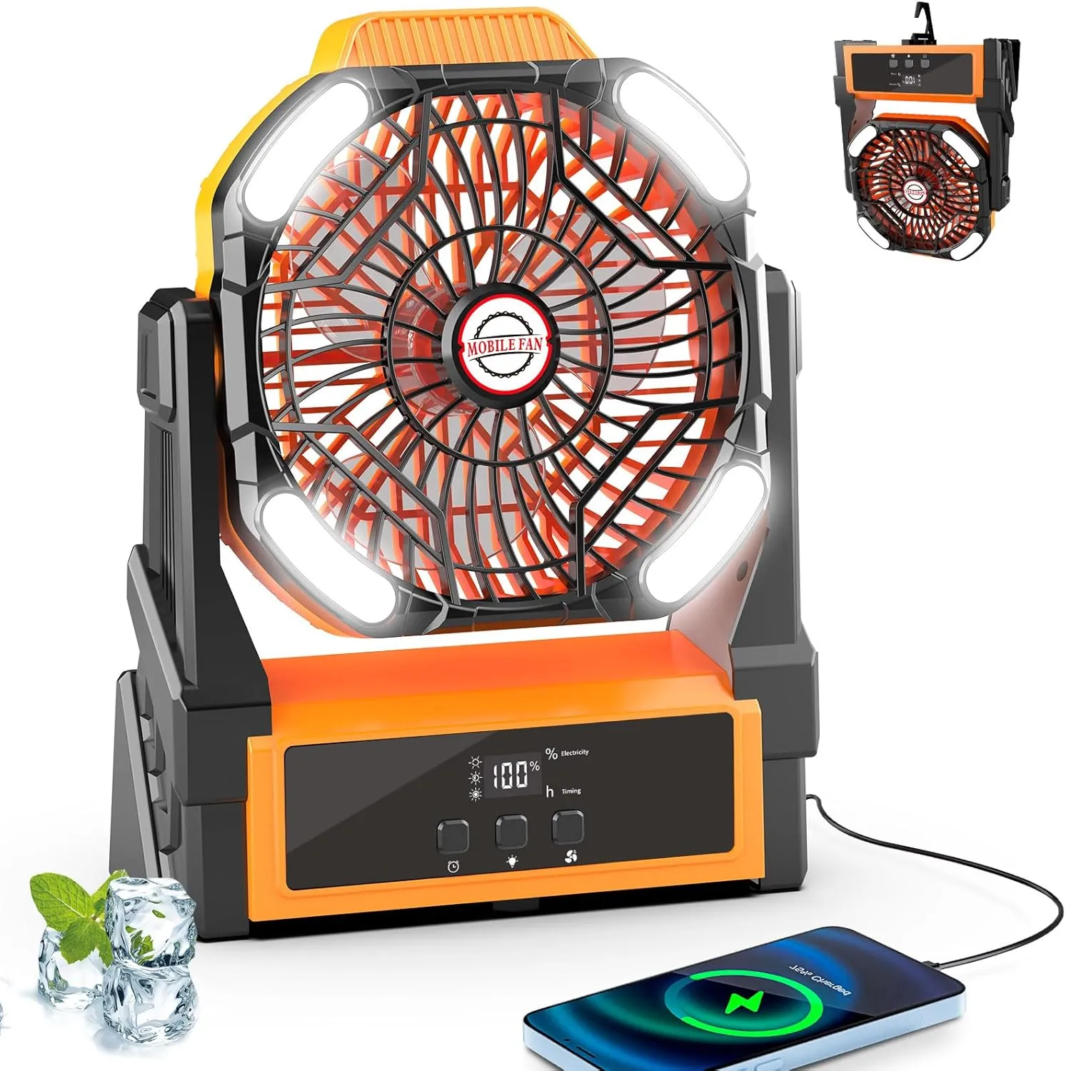 Sendowtek Camping Fan Battery Powered 20000mAh - Portable Rechargeable with LED Light, 4 Wind Modes, Timer Switch USB Battery Fan for Outdoor Travel/Tent/Cooling(Orange-20000mAh)