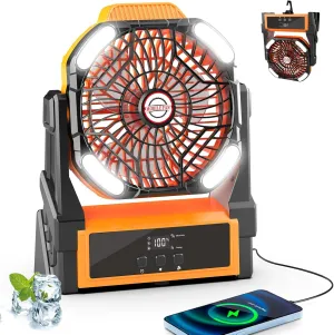 Sendowtek Camping Fan Battery Powered 20000mAh - Portable Rechargeable with LED Light, 4 Wind Modes, Timer Switch USB Battery Fan for Outdoor Travel/Tent/Cooling(Orange-20000mAh)
