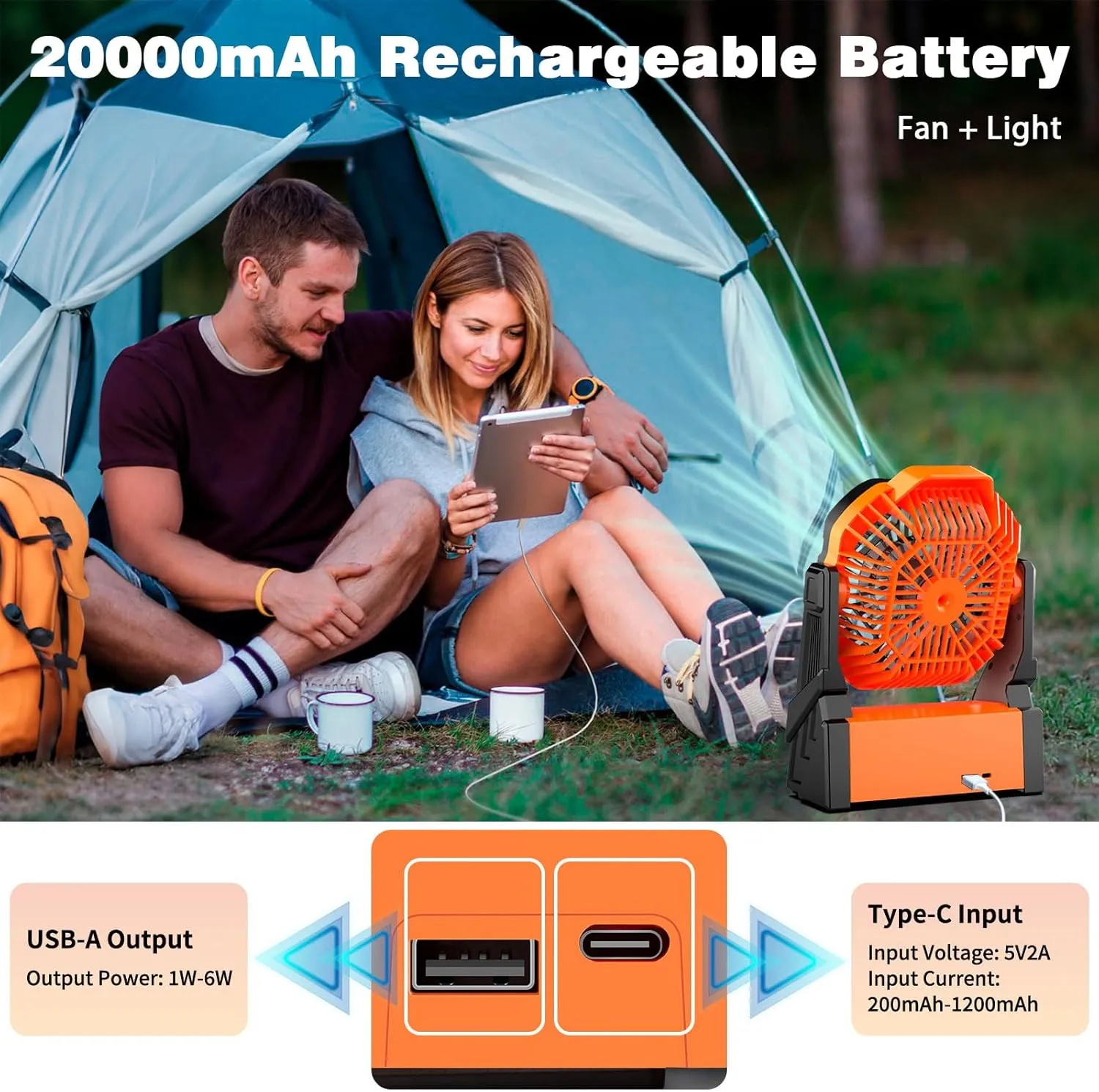 Sendowtek Camping Fan Battery Powered 20000mAh - Portable Rechargeable with LED Light, 4 Wind Modes, Timer Switch USB Battery Fan for Outdoor Travel/Tent/Cooling(Orange-20000mAh)