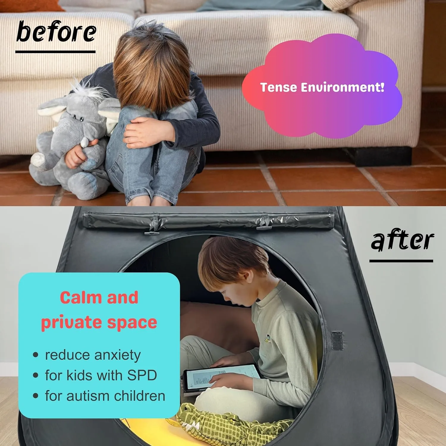 Sensory Tent for Kids & Adults with Autism ADHD SPD - CPC Certification Large Size 39x34in Black Out Calm Corner Helps Children Relax Reduce Anxiety - Pop-up Autistic Sensory Room Play Tent