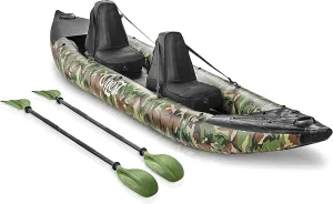 SereneLife 2-Person Inflatable Kayak with Aluminum Paddles & Pump – Portable, Lightweight Kayak for Adults with Adjustable Seats, Puncture-Resistant PVC, 660lb Capacity, Repair Kit & Carry Bag – Camo
