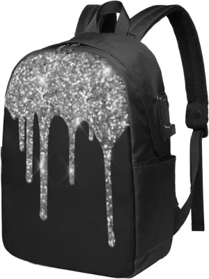Silver Glitter Drips Sparkle Black Ergonomic Travel Laptop Backpack - Fashionable Usb Charging Men'S And Women'S Backpack, Work Gift, Leisure Day Bag