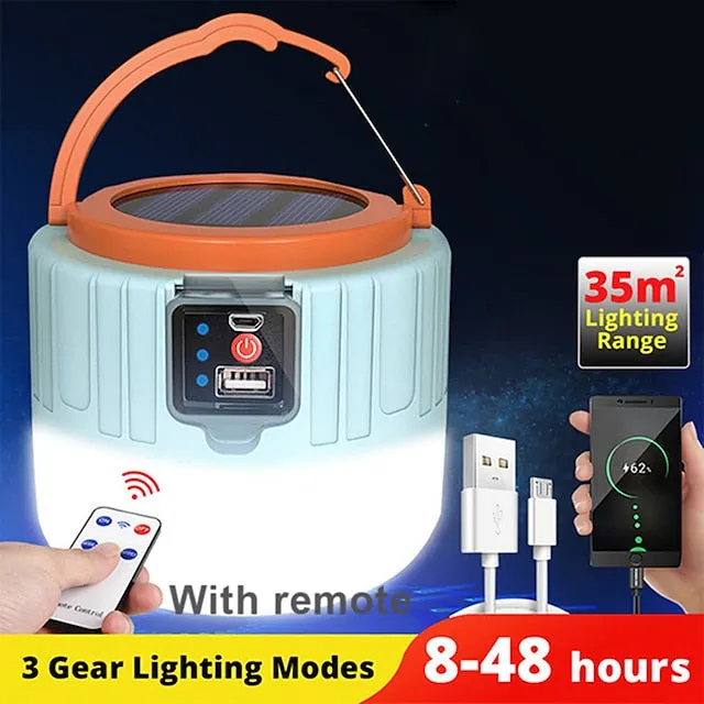 Solar LED Camping Light Remote Control Tent Lamp USB Rechargeable Bulb Portable Lanterns Emergency Lights for Outdoor Hiking BBQ