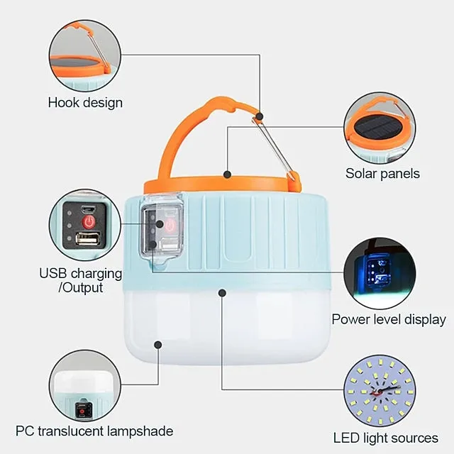 Solar LED Camping Light Remote Control Tent Lamp USB Rechargeable Bulb Portable Lanterns Emergency Lights for Outdoor Hiking BBQ