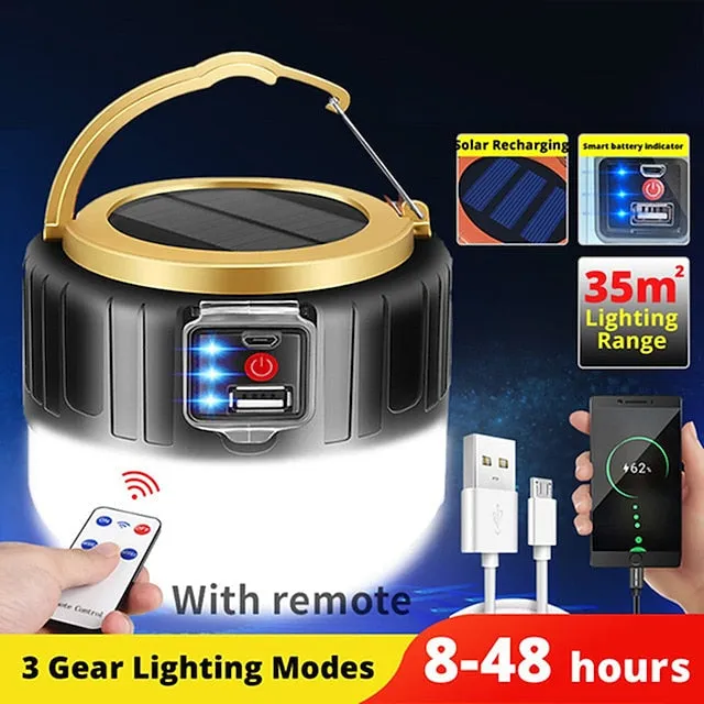 Solar LED Camping Light Remote Control Tent Lamp USB Rechargeable Bulb Portable Lanterns Emergency Lights for Outdoor Hiking BBQ
