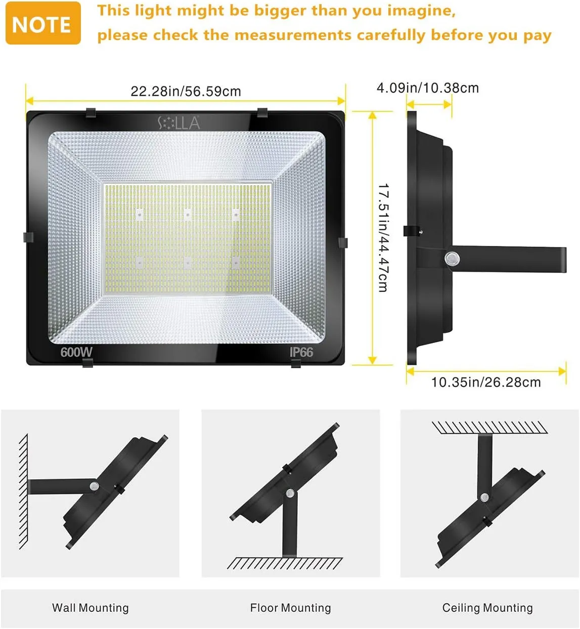 SOLLA 600W LED Stadium Flood Light Outdoor, 3300W Equivalent, 48000LM Super Bright LED Exterior Arena Light, IP66 Waterproof, 6000K Daylight White, Commercial Lighting for Sports Fields and Counts