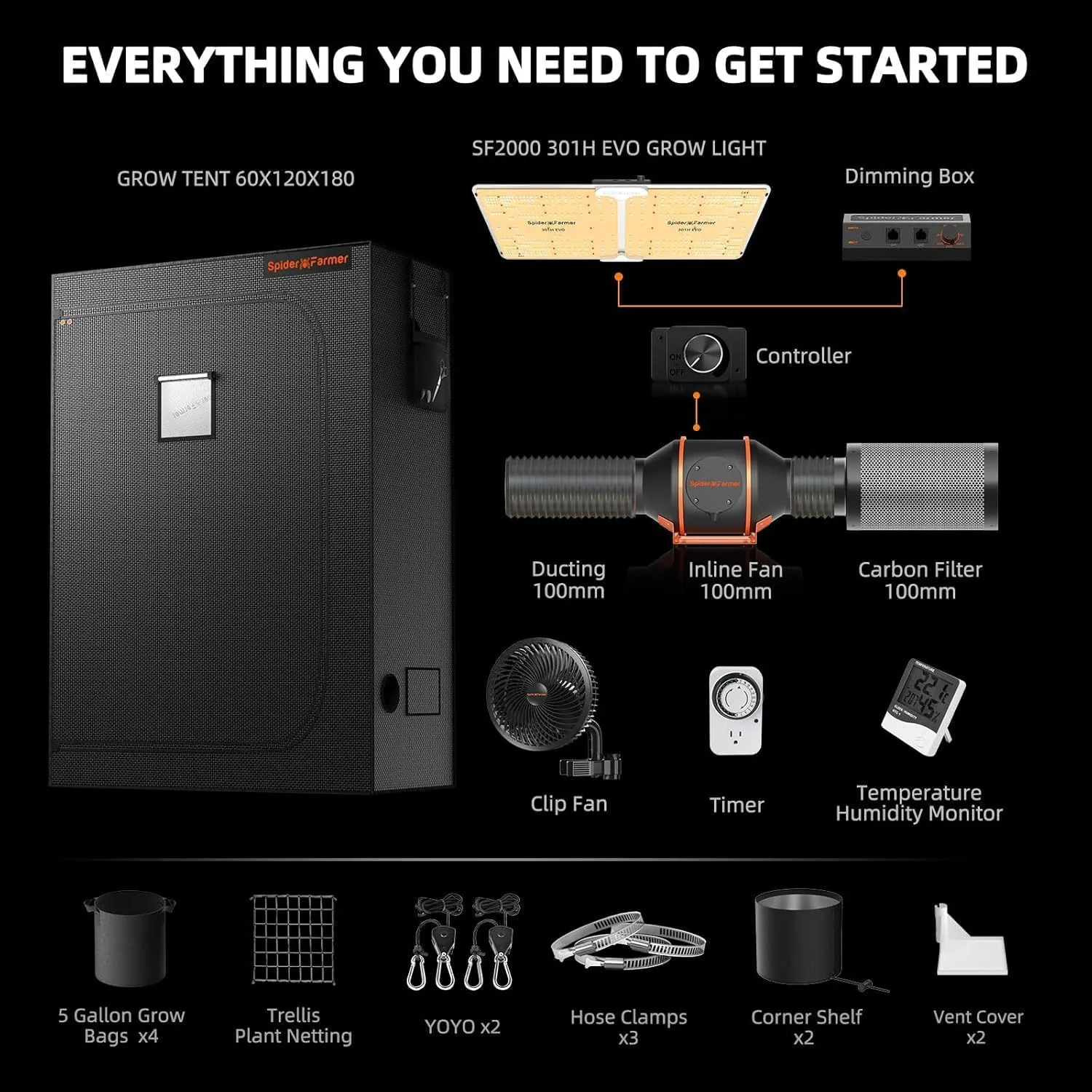 Spider Farmer® 2x4 EVO Complete Grow Tent Kit SF2000 Samsung LM301H EVO & Dimmable Grow Tent Complete System 24" x 47" x 71" Growing Tent Set 4" Ventilation System &6'' Clip Fan