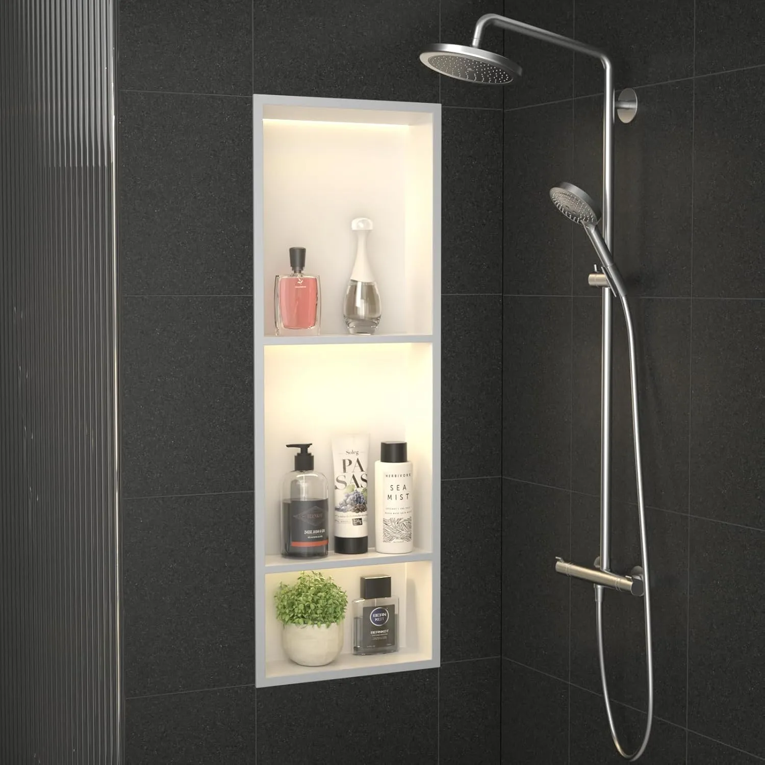 Stainless Steel Led Shower Niche White with Shelf 30" X 12" with Light 3 Shelves No Tile Needed Niche Shower for Bathroom Storage Over Mounted Installation