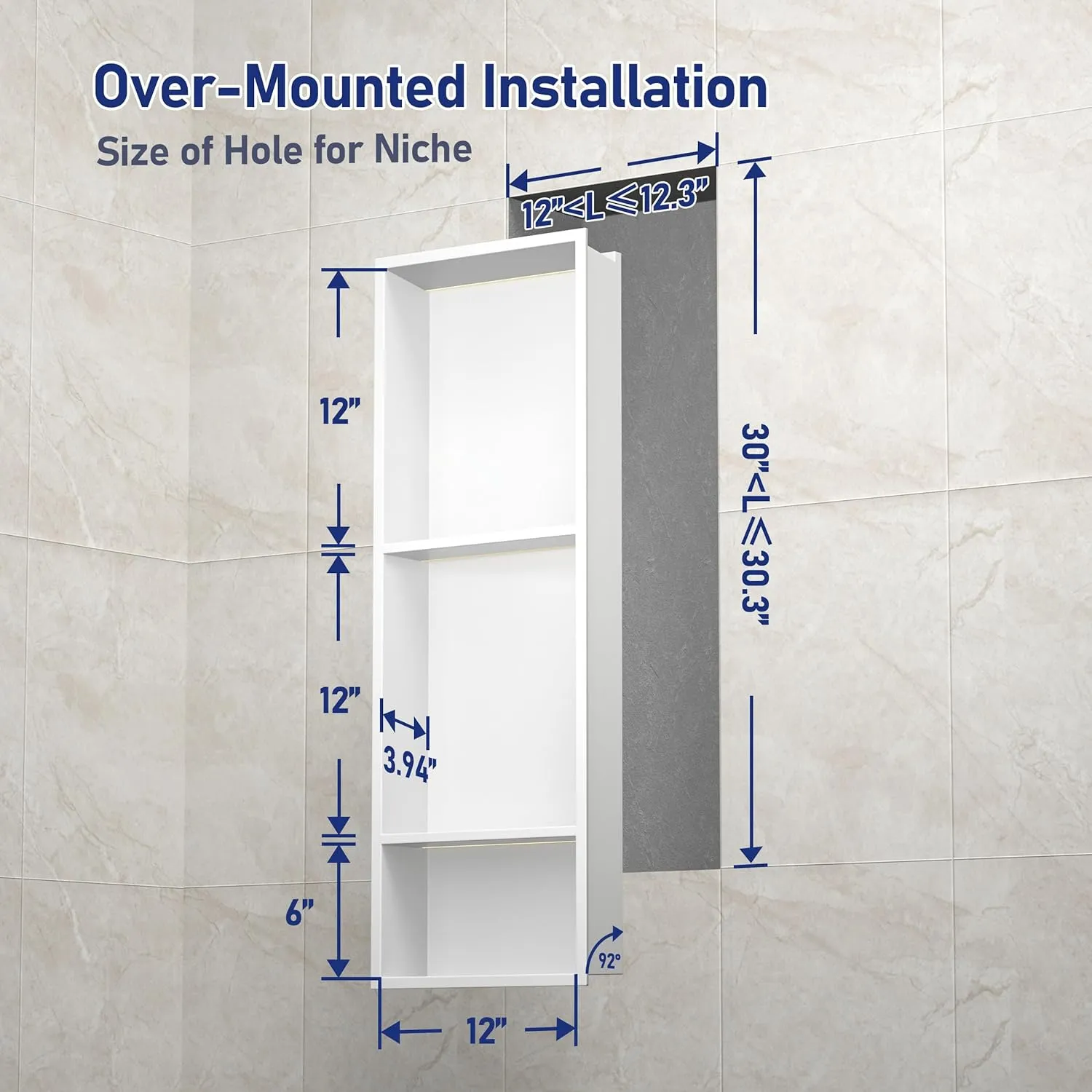 Stainless Steel Led Shower Niche White with Shelf 30" X 12" with Light 3 Shelves No Tile Needed Niche Shower for Bathroom Storage Over Mounted Installation