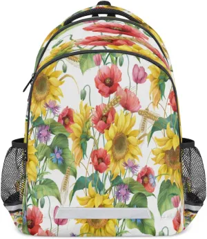 Sunflower Poppy Wheat Backpack with Reflective Strip, Flower Lightweight Backpack Travel Bag Casual Daypack Laptop Bag