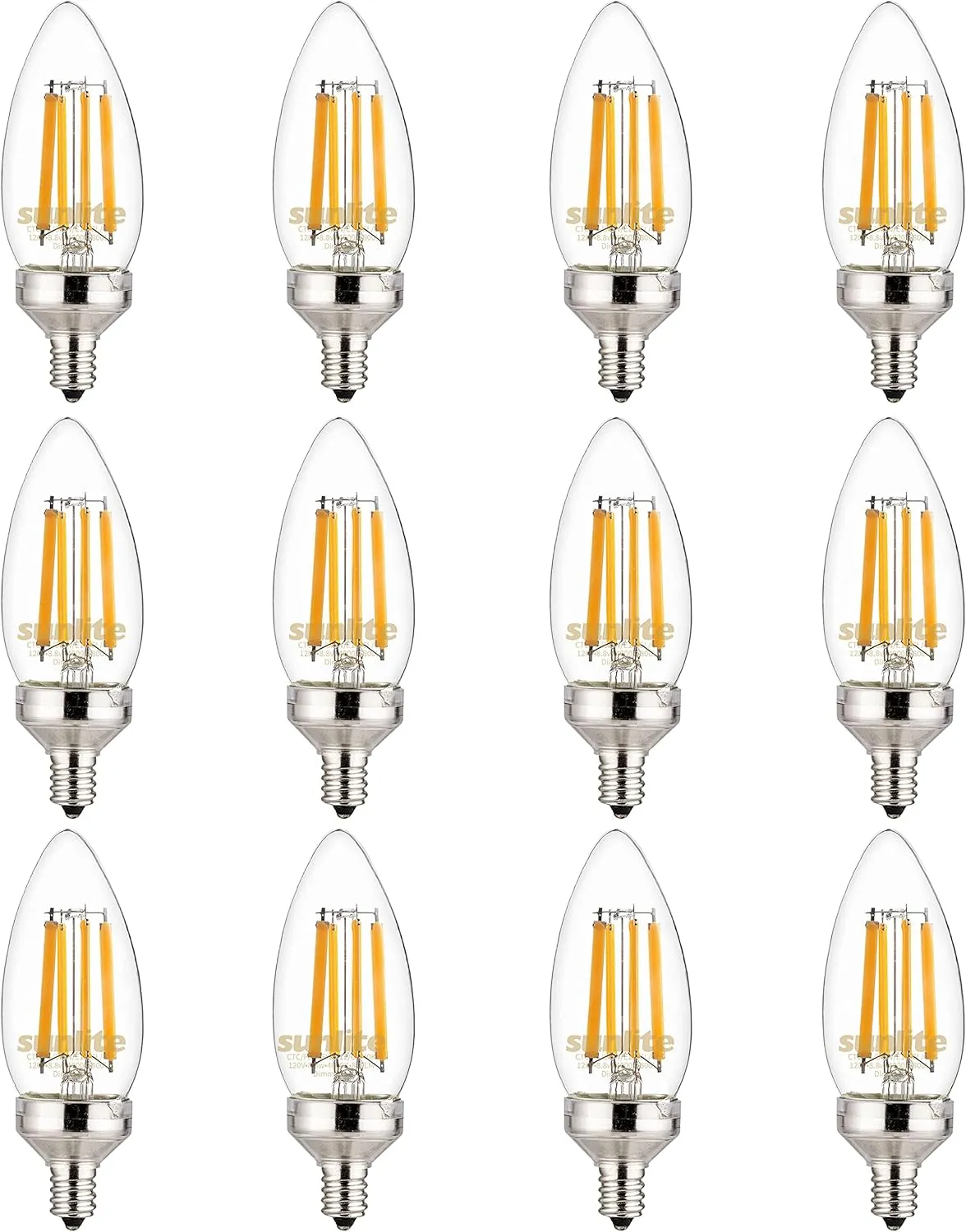 Sunlite 40277 LED Edison B11 Torpedo Tip Chandelier Light Bulb, 7.5 Watts (60W Equivalent), 810 Lumens, Candelabra E12 Base, Dimmable, ETL Listed, Title 20 Compliant, 90 CRI, 4000K Cool White, 12 Pack