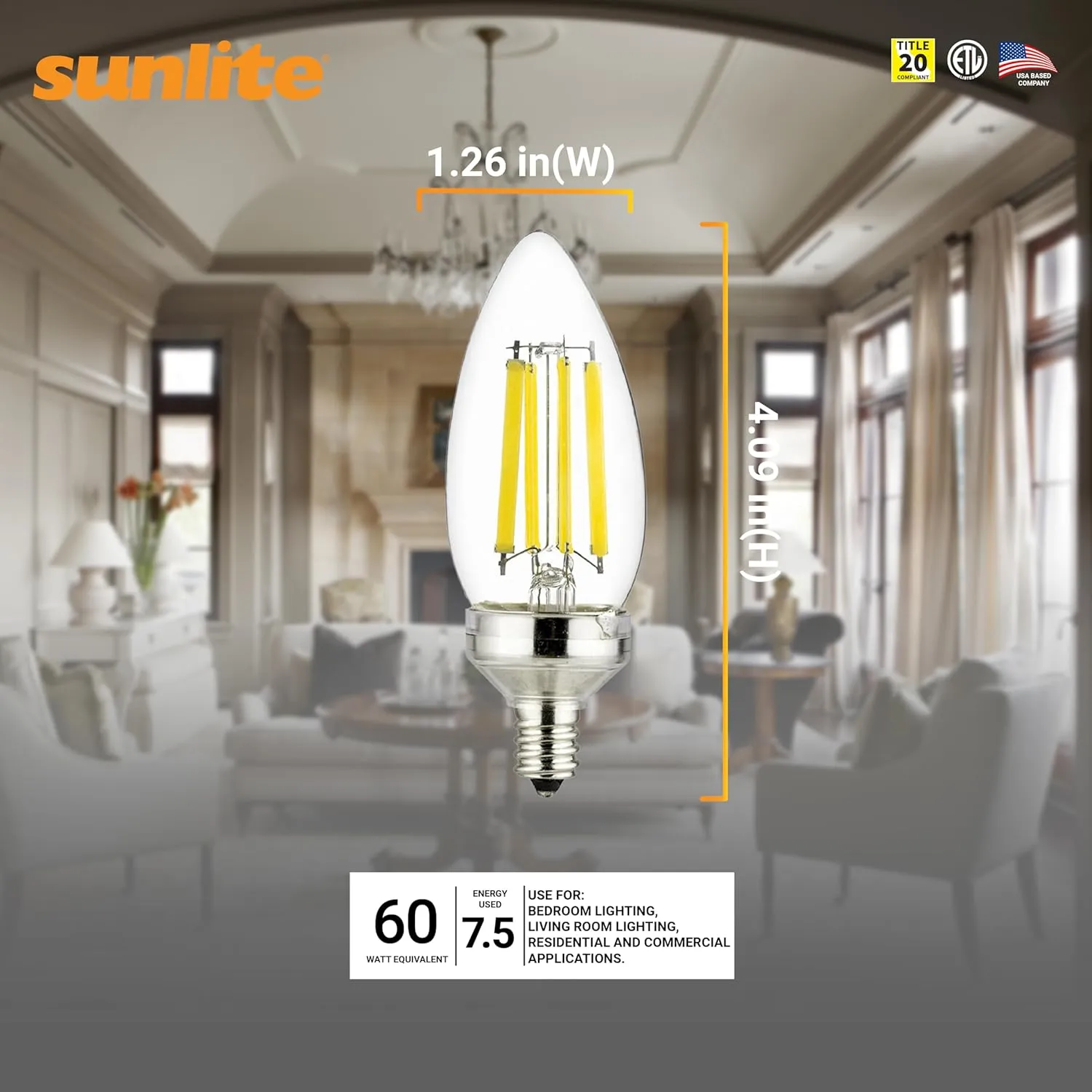 Sunlite 40277 LED Edison B11 Torpedo Tip Chandelier Light Bulb, 7.5 Watts (60W Equivalent), 810 Lumens, Candelabra E12 Base, Dimmable, ETL Listed, Title 20 Compliant, 90 CRI, 4000K Cool White, 12 Pack
