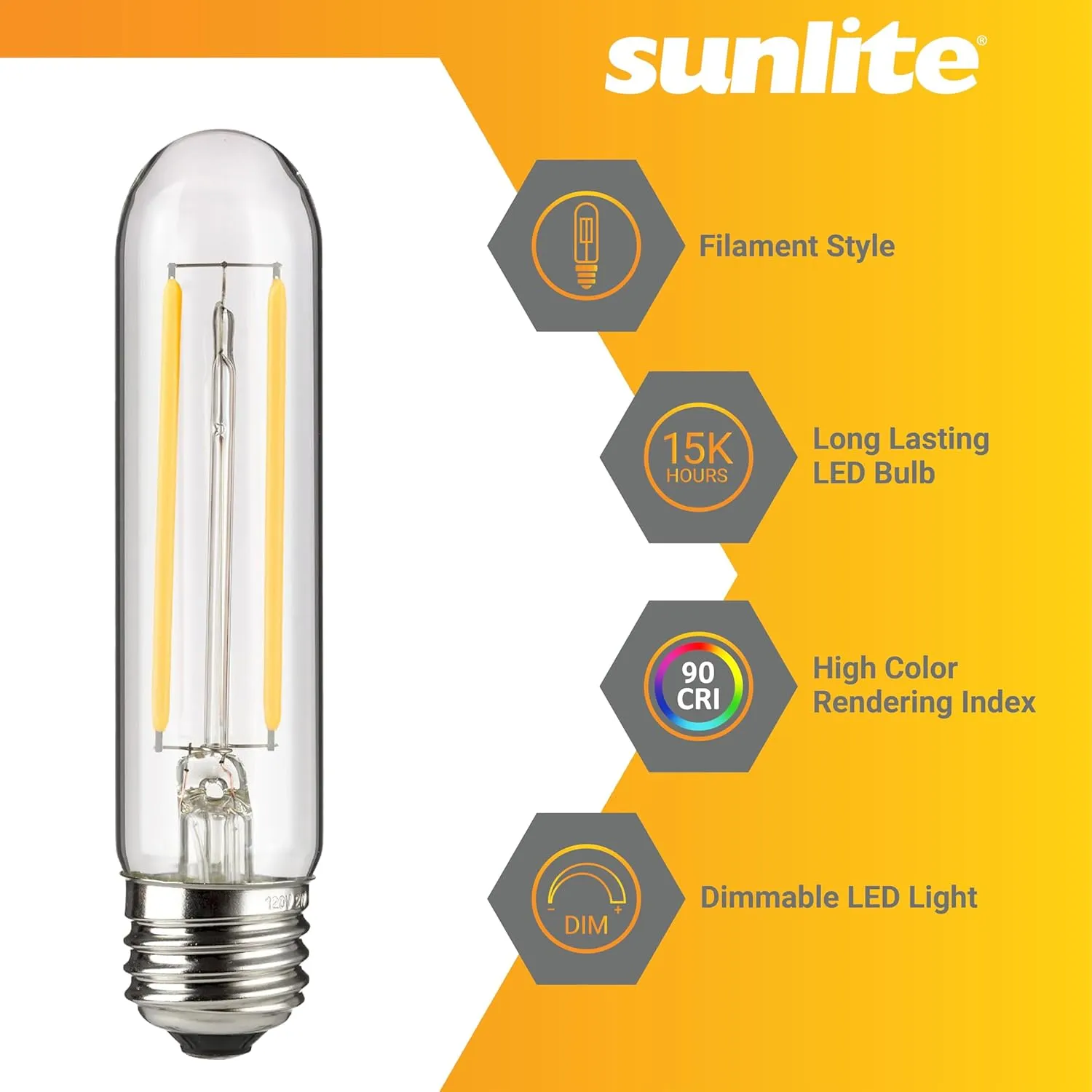 Sunlite LED Filament T10 Tubular Light Bulb, 2 Watts (25W Equivalent), 160 Lumens, Medium E26 Base, 120 Volts, Dimmable, 90 CRI, UL Listed, Clear, 3000K Warm White, 10 Pack