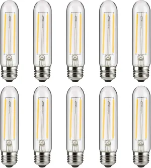 Sunlite LED Filament T10 Tubular Light Bulb, 2 Watts (25W Equivalent), 160 Lumens, Medium E26 Base, 120 Volts, Dimmable, 90 CRI, UL Listed, Clear, 3000K Warm White, 10 Pack