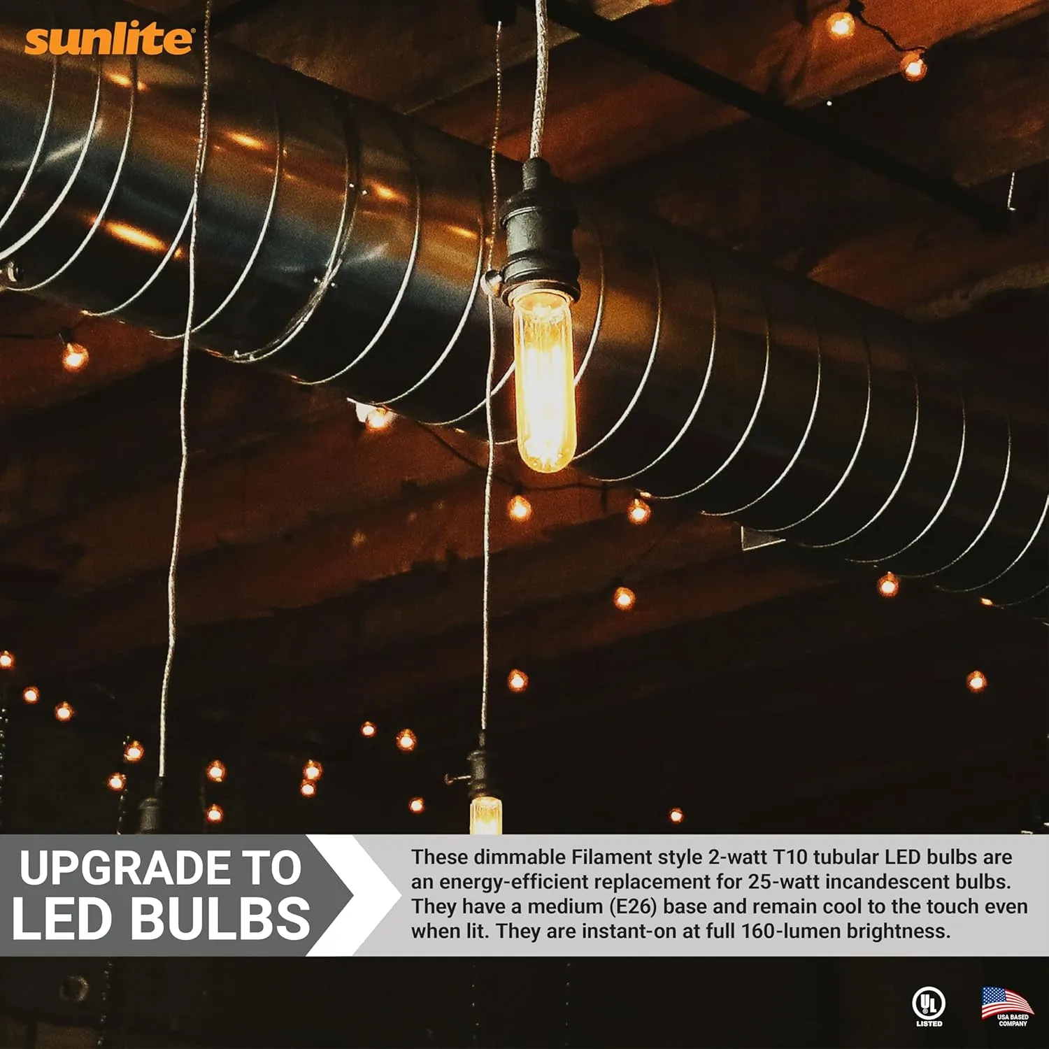 Sunlite LED Filament T10 Tubular Light Bulb, 2 Watts (25W Equivalent), 160 Lumens, Medium E26 Base, 120 Volts, Dimmable, 90 CRI, UL Listed, Clear, 3000K Warm White, 10 Pack