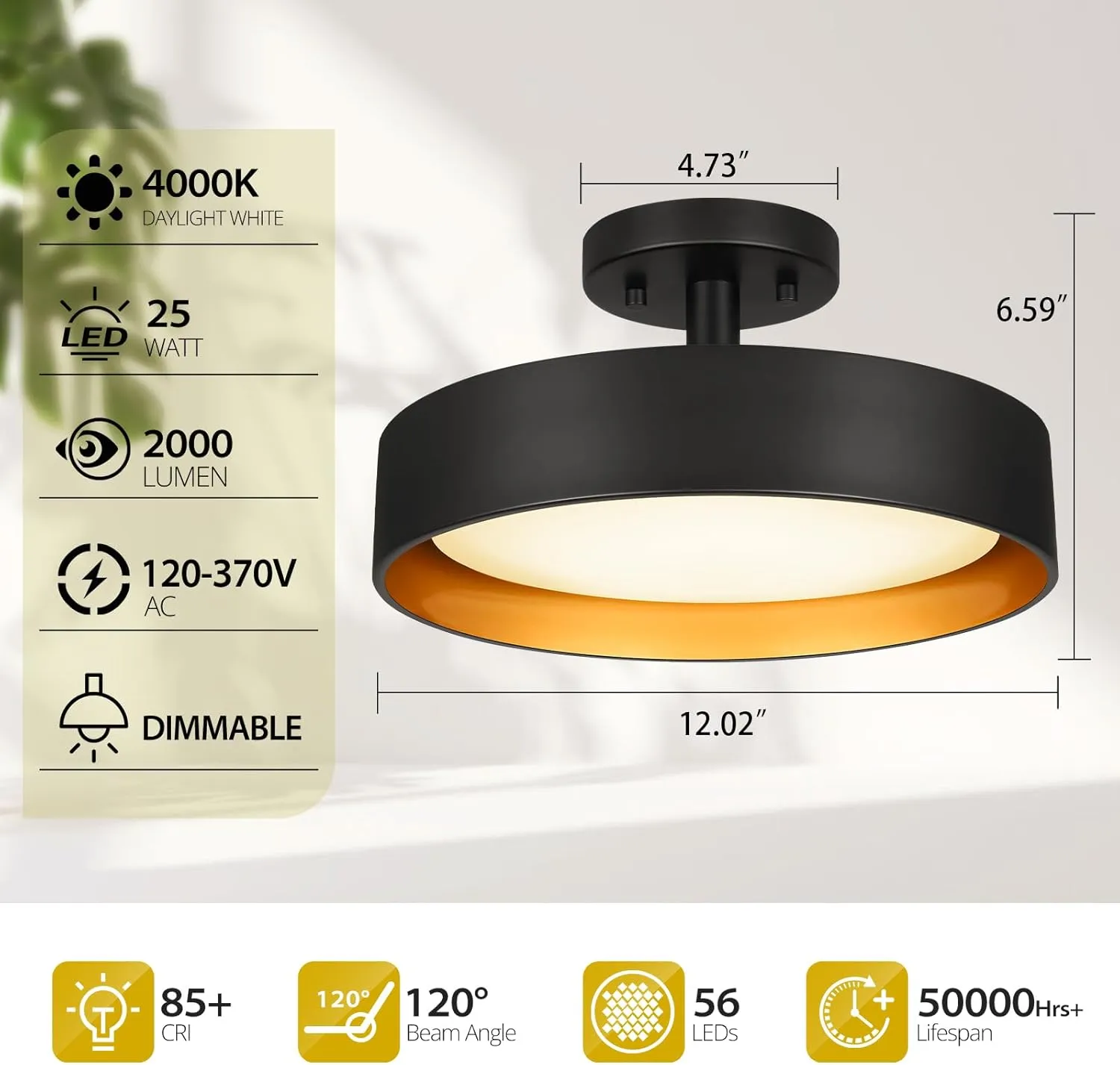 SunRider Industrial Semi Flush Mount LED Ceiling Light Fixture, 12 Inch 25W 2000LM, 4000K Neutral White, Dimmable Pendant Lamp for Hallway Bedroom