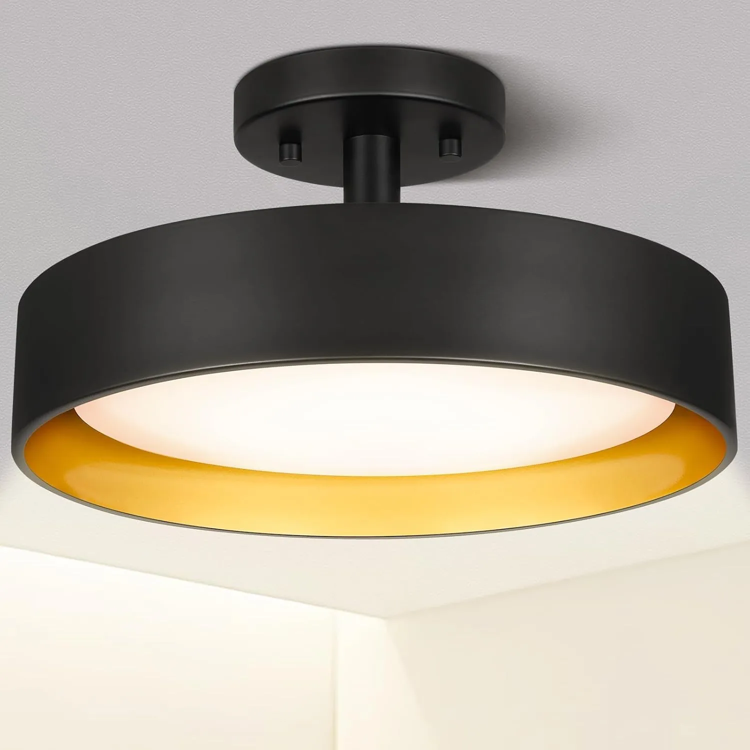 SunRider Industrial Semi Flush Mount LED Ceiling Light Fixture, 12 Inch 25W 2000LM, 4000K Neutral White, Dimmable Pendant Lamp for Hallway Bedroom