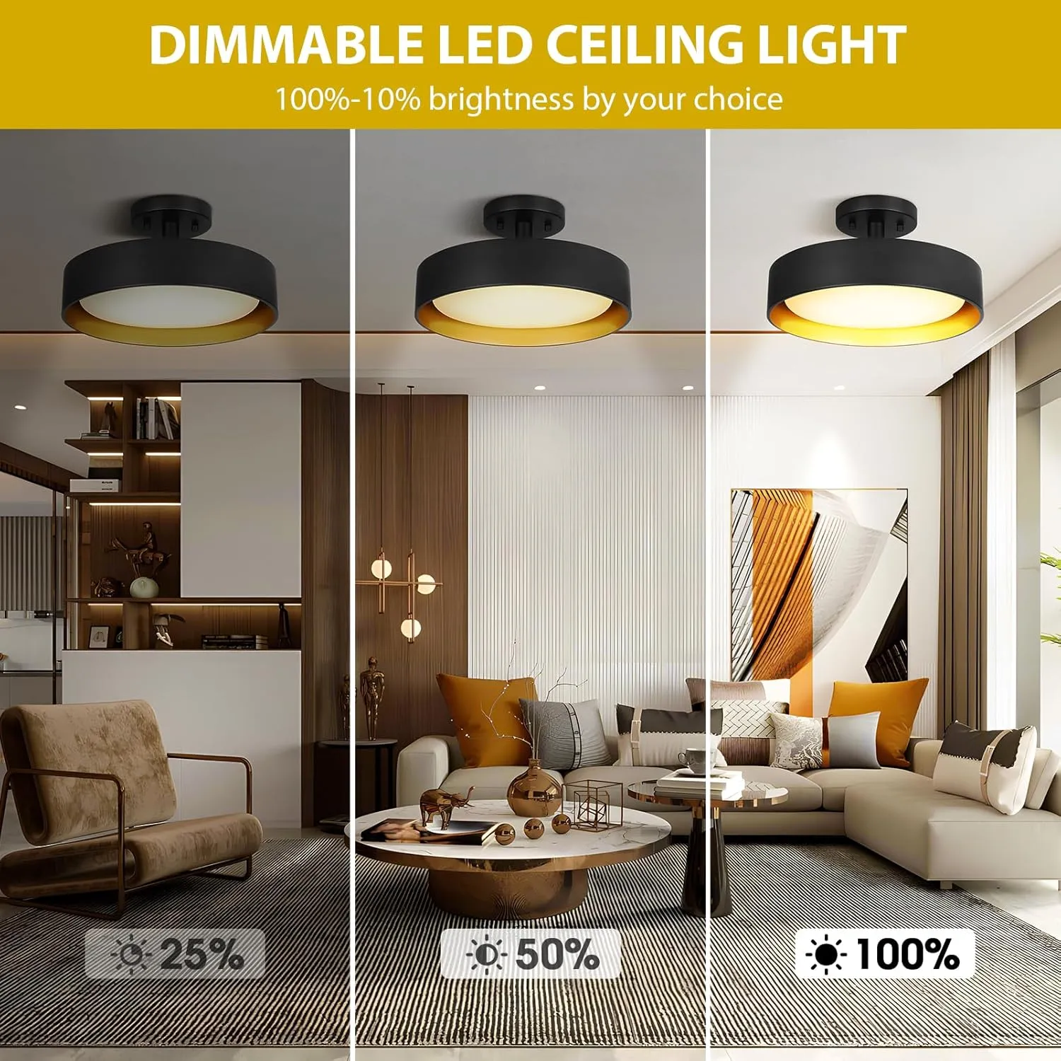 SunRider Industrial Semi Flush Mount LED Ceiling Light Fixture, 12 Inch 25W 2000LM, 4000K Neutral White, Dimmable Pendant Lamp for Hallway Bedroom