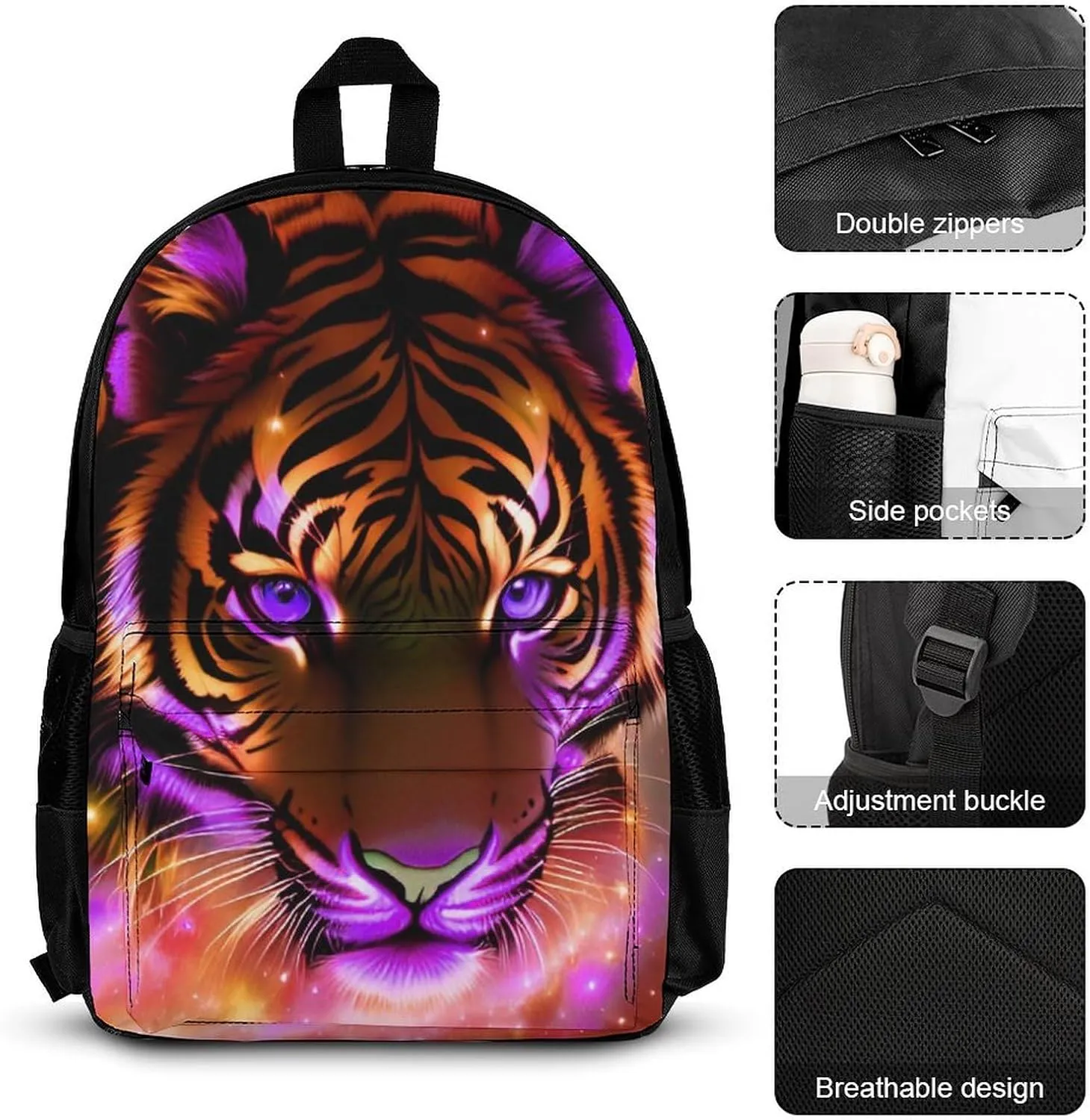 Supdreamc 3 Pcs Daypack Mystic Fantasy Galaxy Sky Fantasy Tiger Wild Animals Boho Style Traveling & Camping Backpack Sets - Large Capacity Multipurpose Anti-Theft Carry On Bag for Adults