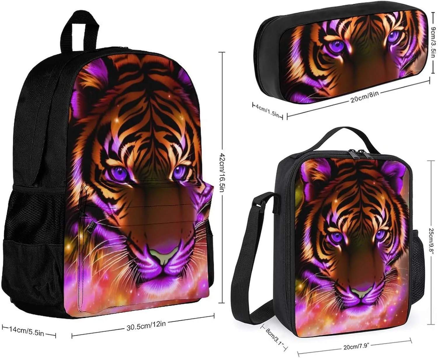 Supdreamc 3 Pcs Daypack Mystic Fantasy Galaxy Sky Fantasy Tiger Wild Animals Boho Style Traveling & Camping Backpack Sets - Large Capacity Multipurpose Anti-Theft Carry On Bag for Adults