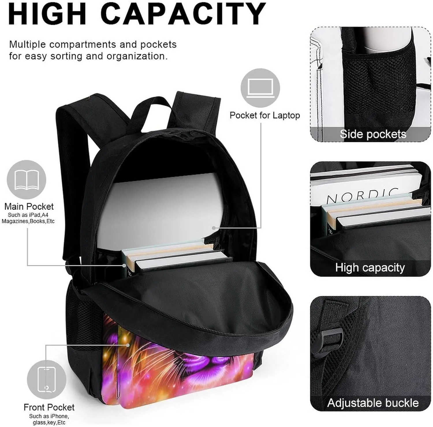 Supdreamc 3 Pcs Daypack Mystic Fantasy Galaxy Sky Fantasy Tiger Wild Animals Boho Style Traveling & Camping Backpack Sets - Large Capacity Multipurpose Anti-Theft Carry On Bag for Adults