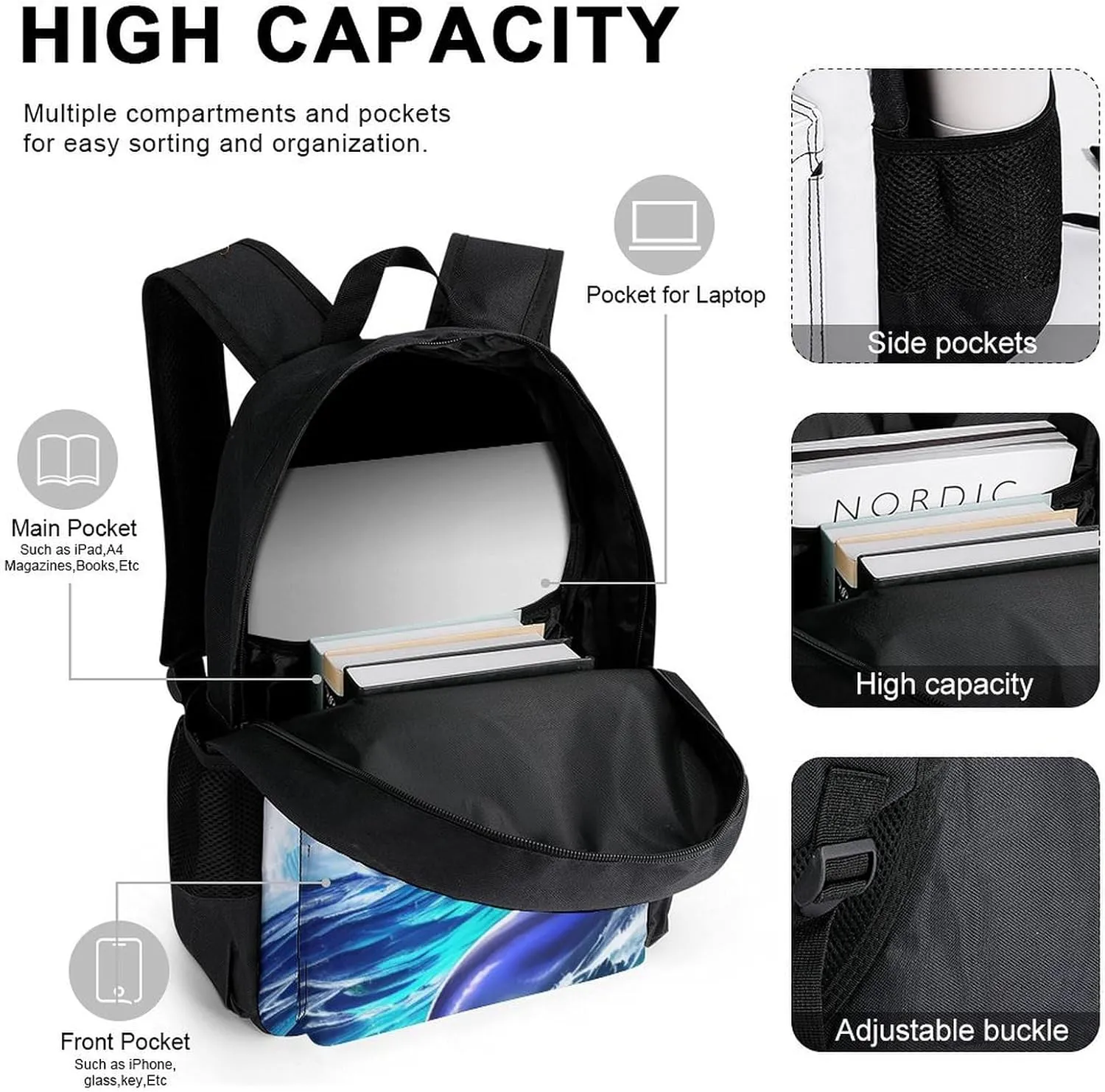 Supdreamc 3 Piece Backpack Sets Dolphin Blue Great Water Of Waves Sea Moon Art Travel Hiking Bag & Day Pack - Multipurpose Shoulder Bag Lunch Bag Pencil Case for College Men and Women