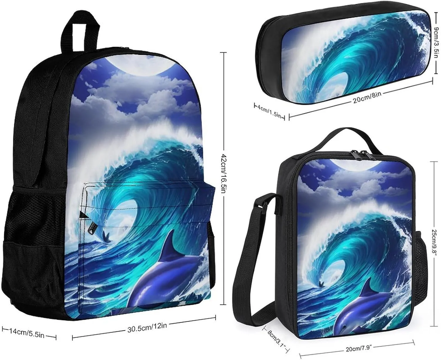 Supdreamc 3 Piece Backpack Sets Dolphin Blue Great Water Of Waves Sea Moon Art Travel Hiking Bag & Day Pack - Multipurpose Shoulder Bag Lunch Bag Pencil Case for College Men and Women