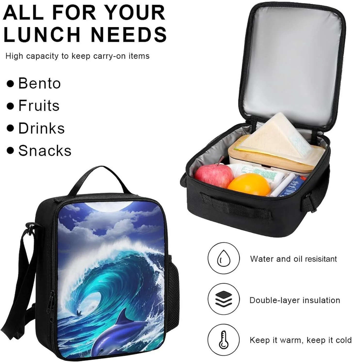 Supdreamc 3 Piece Backpack Sets Dolphin Blue Great Water Of Waves Sea Moon Art Travel Hiking Bag & Day Pack - Multipurpose Shoulder Bag Lunch Bag Pencil Case for College Men and Women