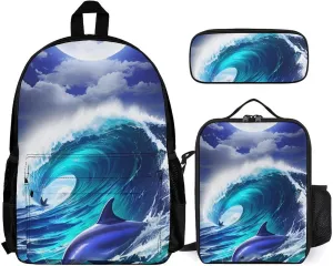 Supdreamc 3 Piece Backpack Sets Dolphin Blue Great Water Of Waves Sea Moon Art Travel Hiking Bag & Day Pack - Multipurpose Shoulder Bag Lunch Bag Pencil Case for College Men and Women