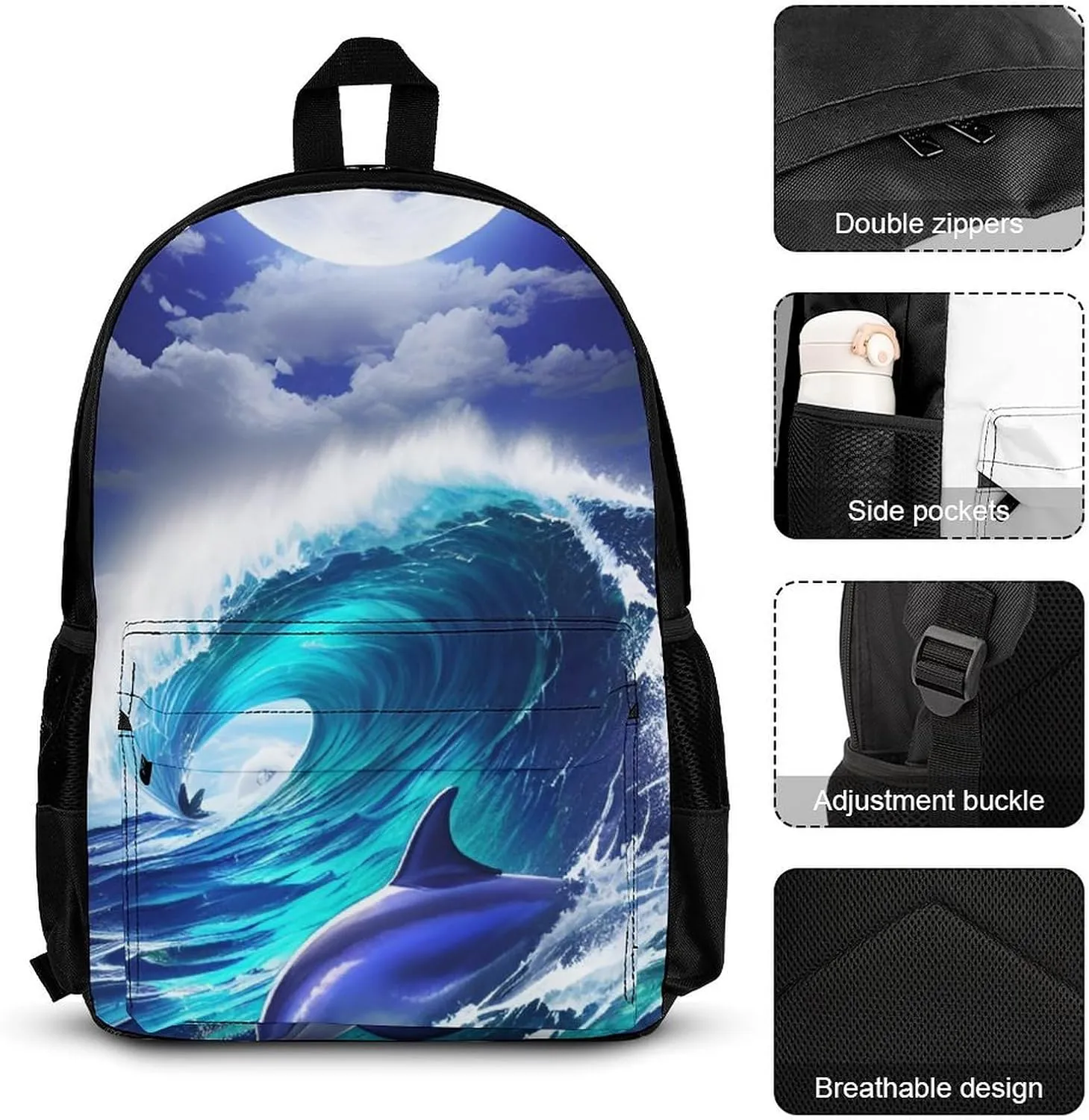 Supdreamc 3 Piece Backpack Sets Dolphin Blue Great Water Of Waves Sea Moon Art Travel Hiking Bag & Day Pack - Multipurpose Shoulder Bag Lunch Bag Pencil Case for College Men and Women