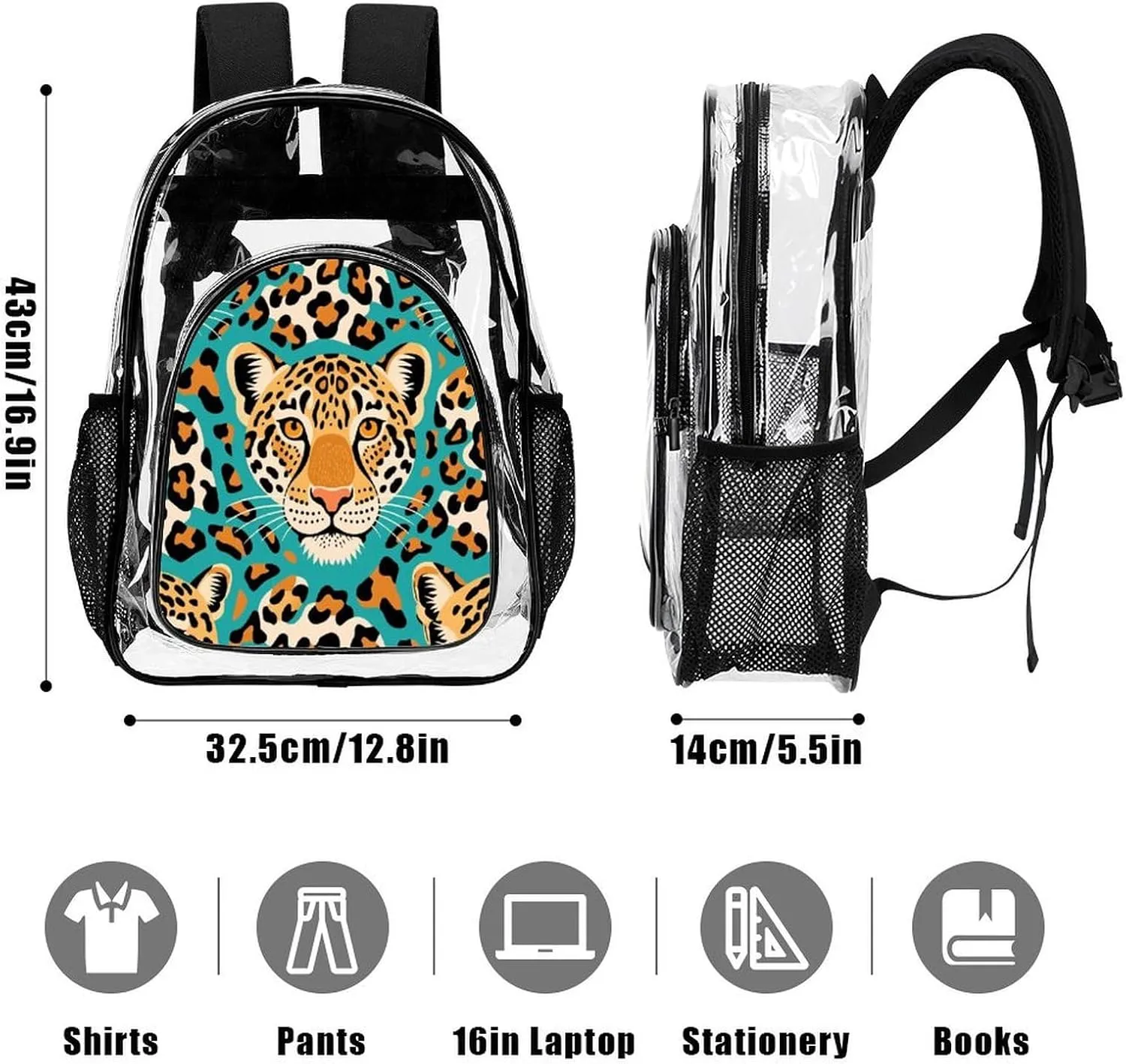 Supdreamc Transparent Daypack Backpack for Sports Travel Running - Big Capacity Anti-Theft Multipurpose Carry On Bag, Green Cheetah Leopard Art Laptop Book Bag Rucksack