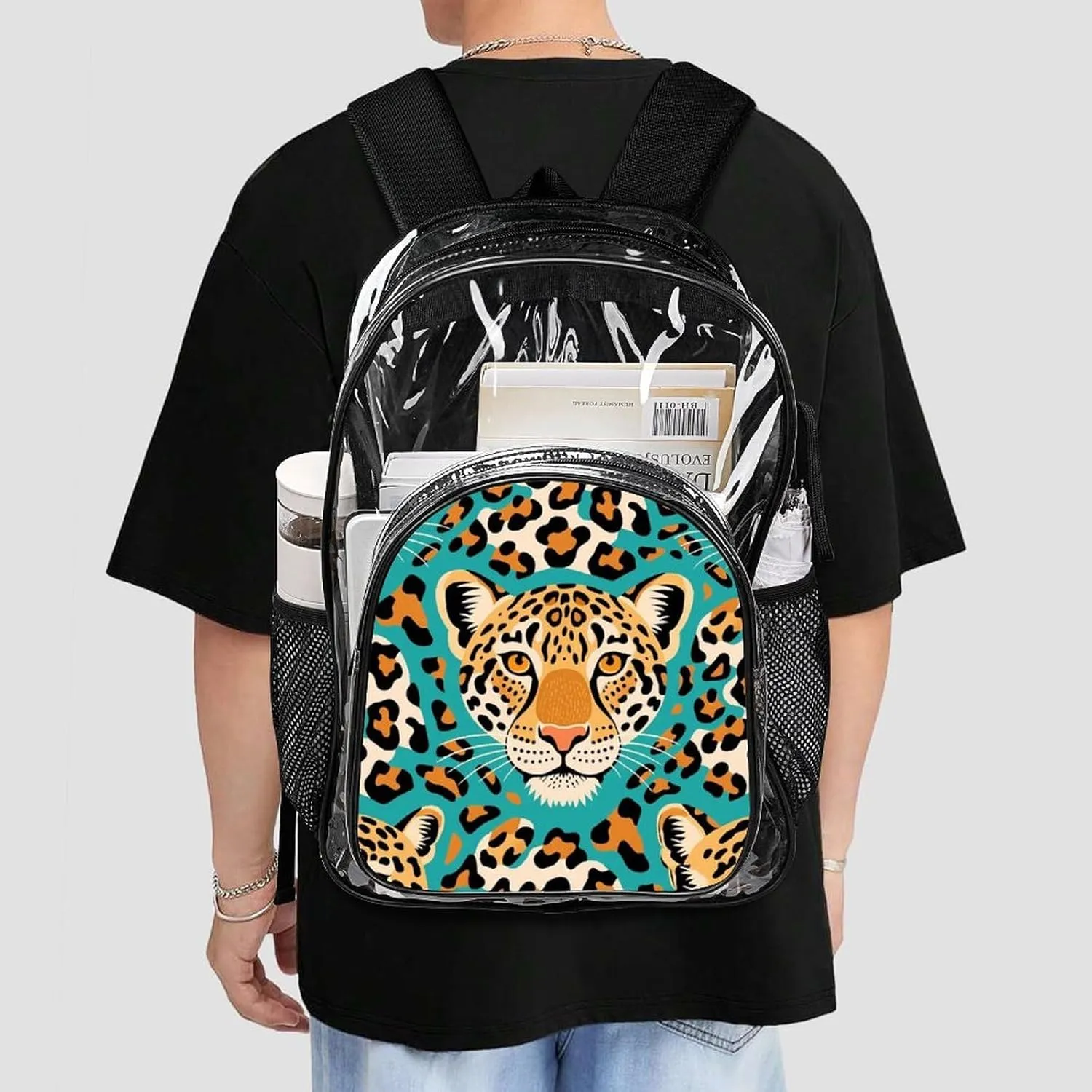 Supdreamc Transparent Daypack Backpack for Sports Travel Running - Big Capacity Anti-Theft Multipurpose Carry On Bag, Green Cheetah Leopard Art Laptop Book Bag Rucksack