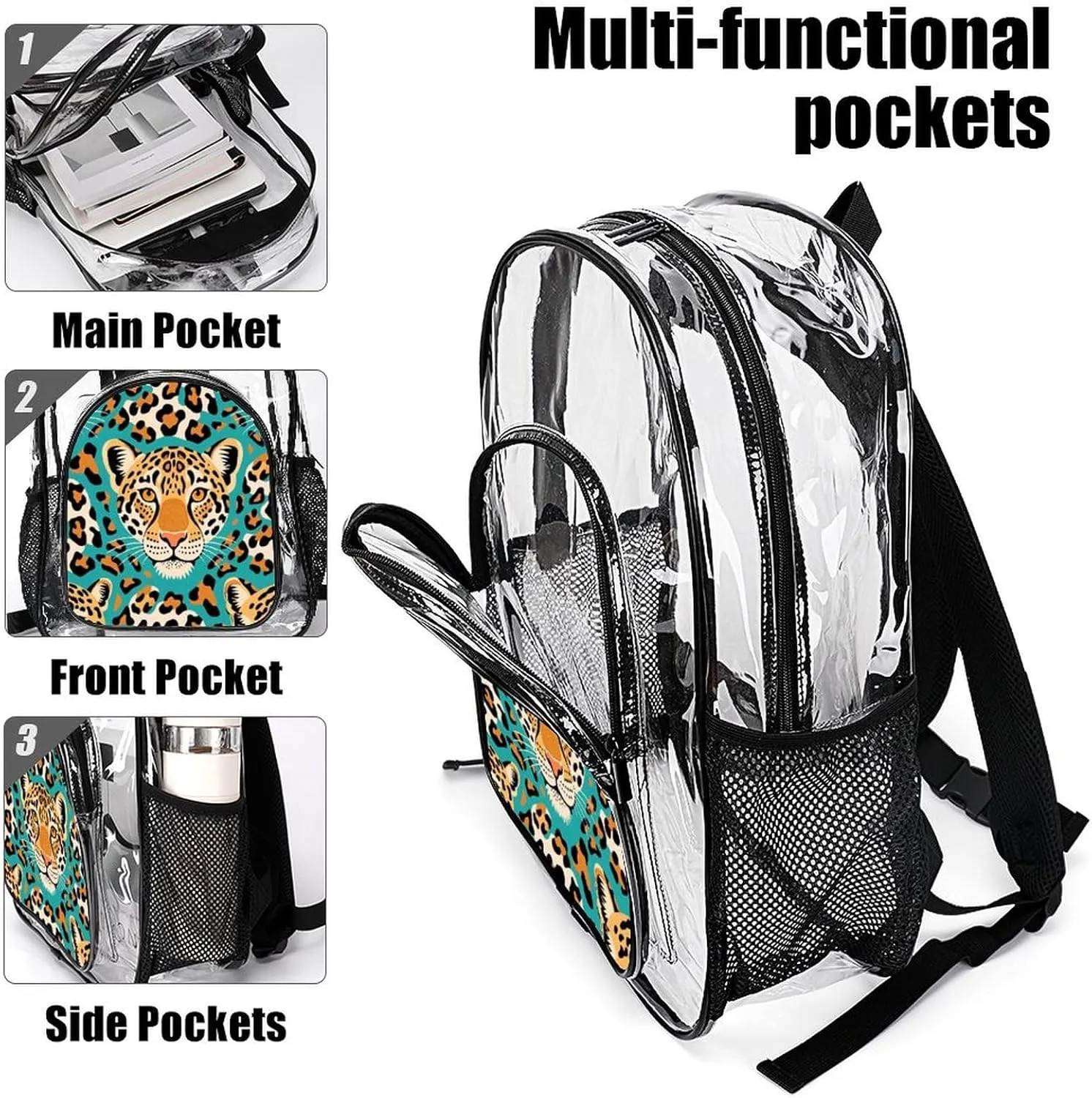 Supdreamc Transparent Daypack Backpack for Sports Travel Running - Big Capacity Anti-Theft Multipurpose Carry On Bag, Green Cheetah Leopard Art Laptop Book Bag Rucksack