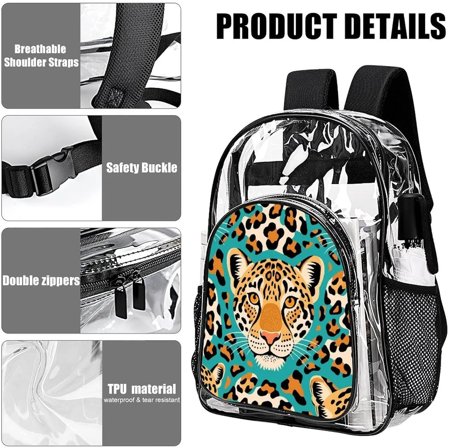 Supdreamc Transparent Daypack Backpack for Sports Travel Running - Big Capacity Anti-Theft Multipurpose Carry On Bag, Green Cheetah Leopard Art Laptop Book Bag Rucksack