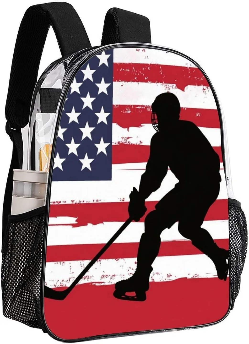 Supdreamc Women Men Transparent American Hockey Flag Casual Daypack Large Capacity Bookbag With Side Pockets for Sports Picnic Walking Cycling