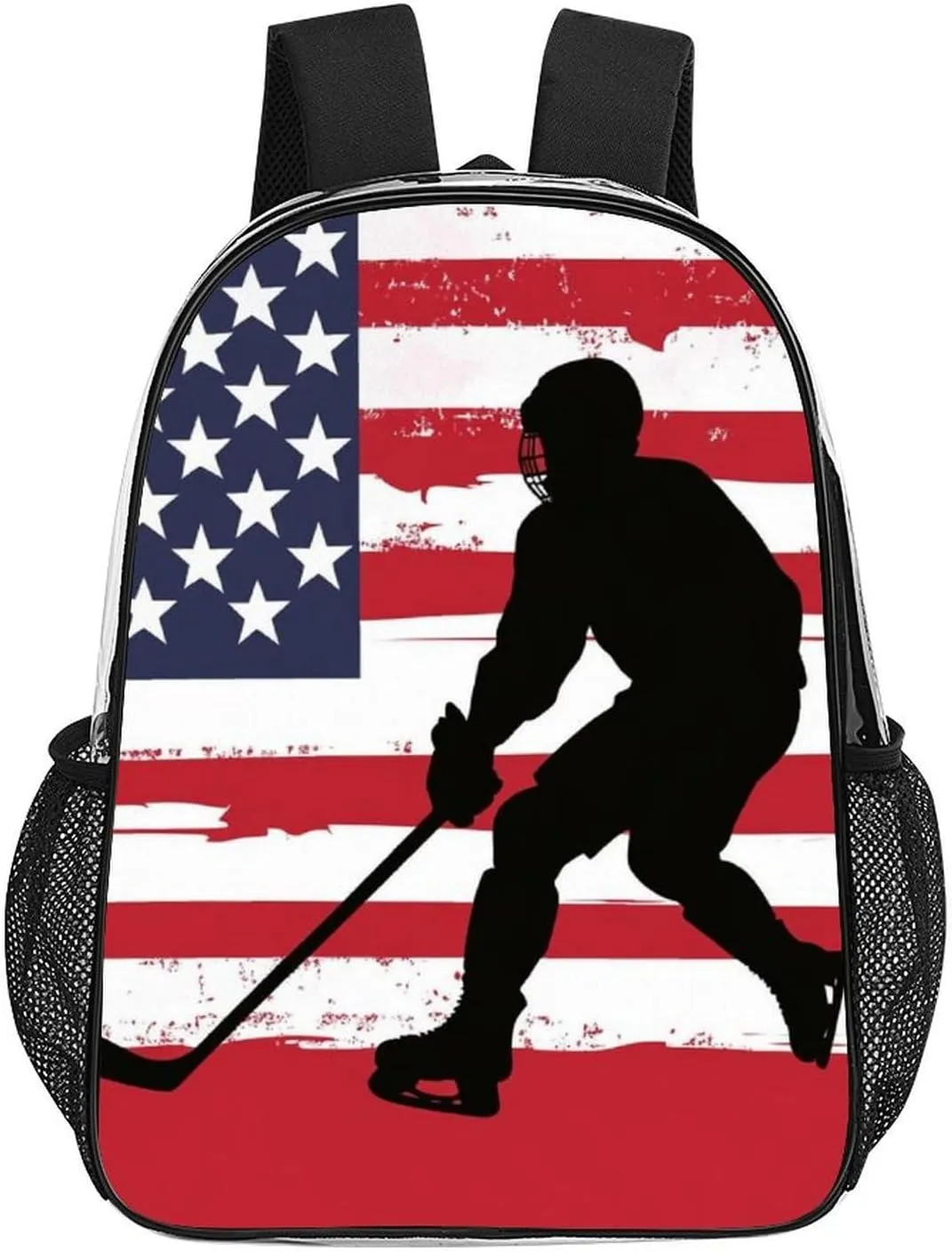 Supdreamc Women Men Transparent American Hockey Flag Casual Daypack Large Capacity Bookbag With Side Pockets for Sports Picnic Walking Cycling