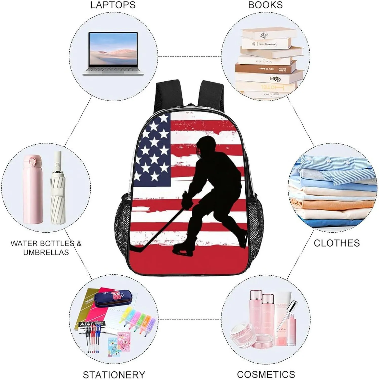 Supdreamc Women Men Transparent American Hockey Flag Casual Daypack Large Capacity Bookbag With Side Pockets for Sports Picnic Walking Cycling