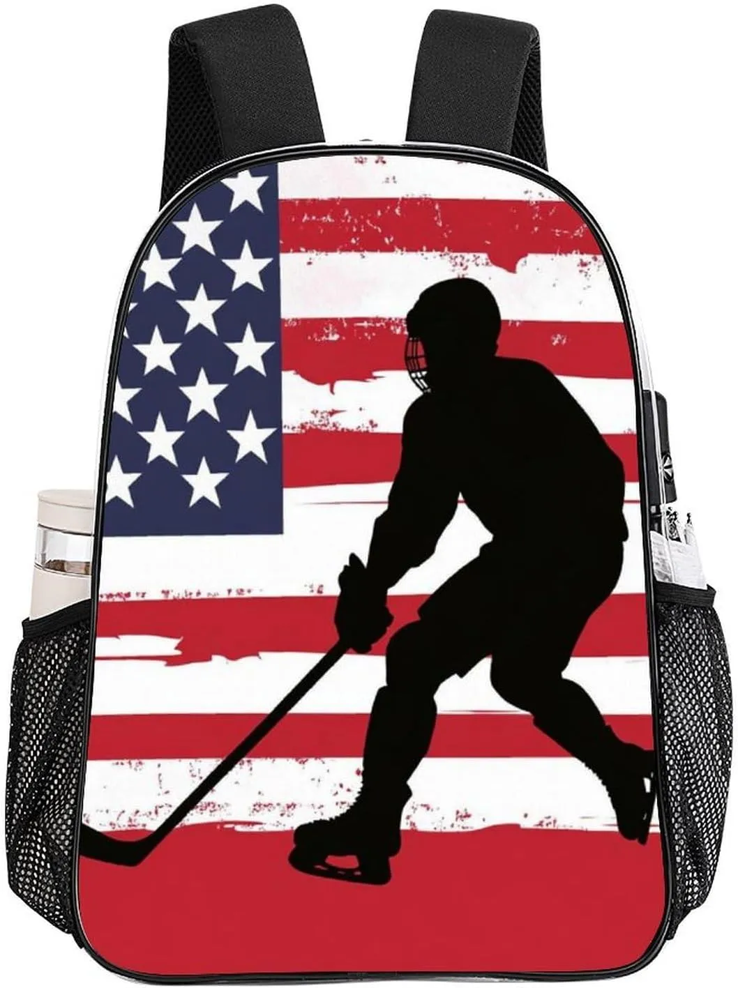 Supdreamc Women Men Transparent American Hockey Flag Casual Daypack Large Capacity Bookbag With Side Pockets for Sports Picnic Walking Cycling