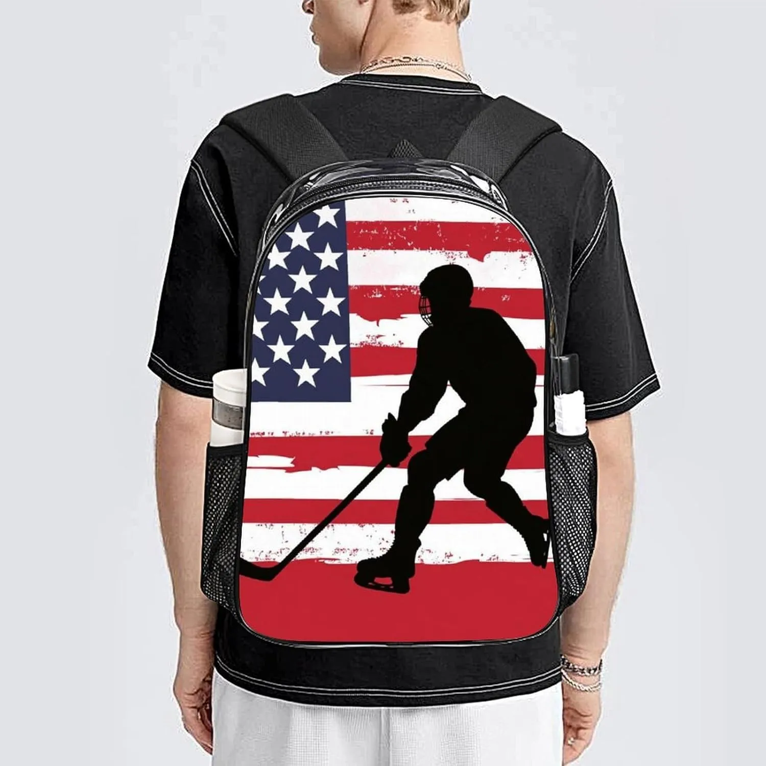 Supdreamc Women Men Transparent American Hockey Flag Casual Daypack Large Capacity Bookbag With Side Pockets for Sports Picnic Walking Cycling