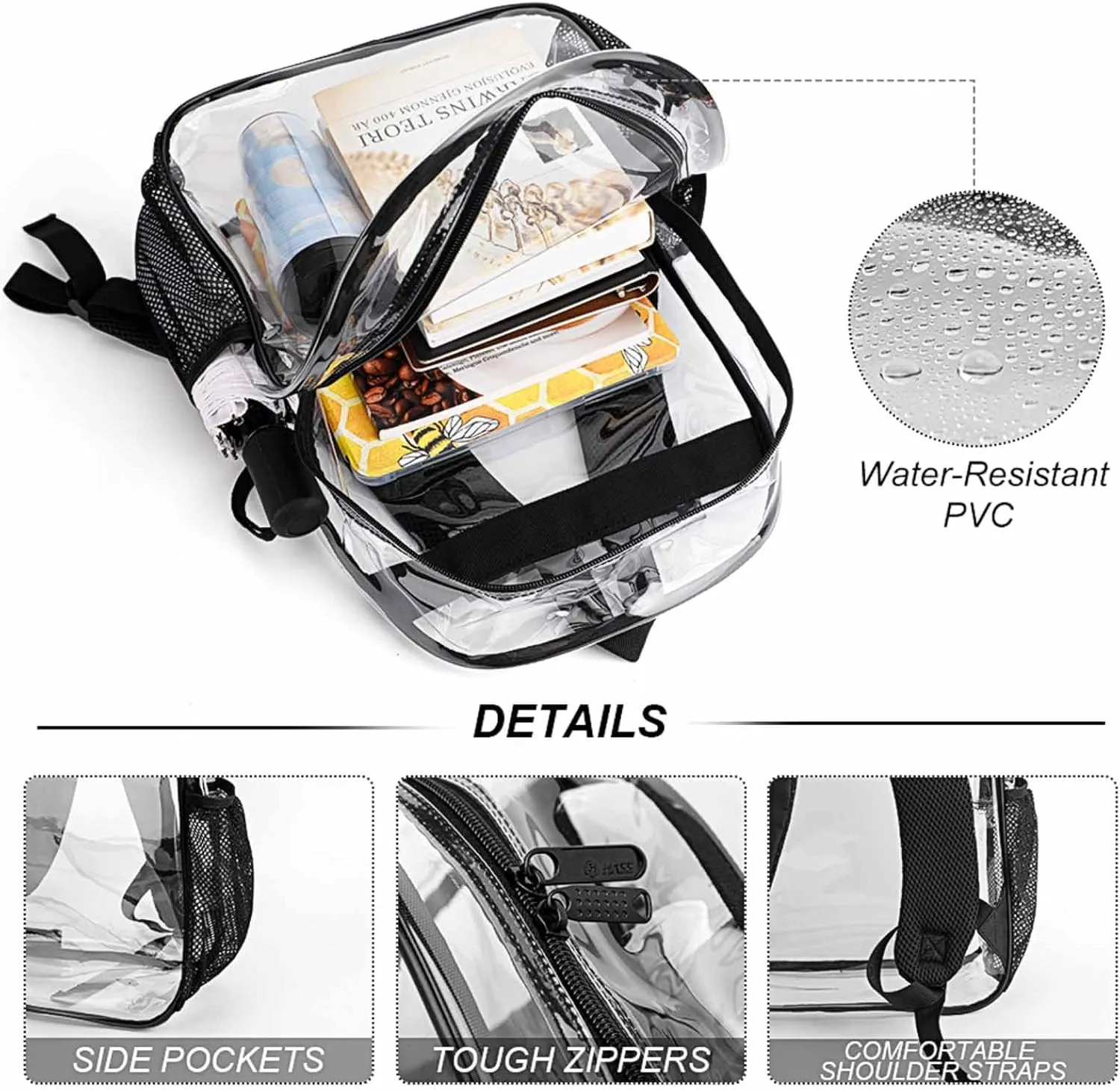 Supdreamc Women Men Transparent American Hockey Flag Casual Daypack Large Capacity Bookbag With Side Pockets for Sports Picnic Walking Cycling