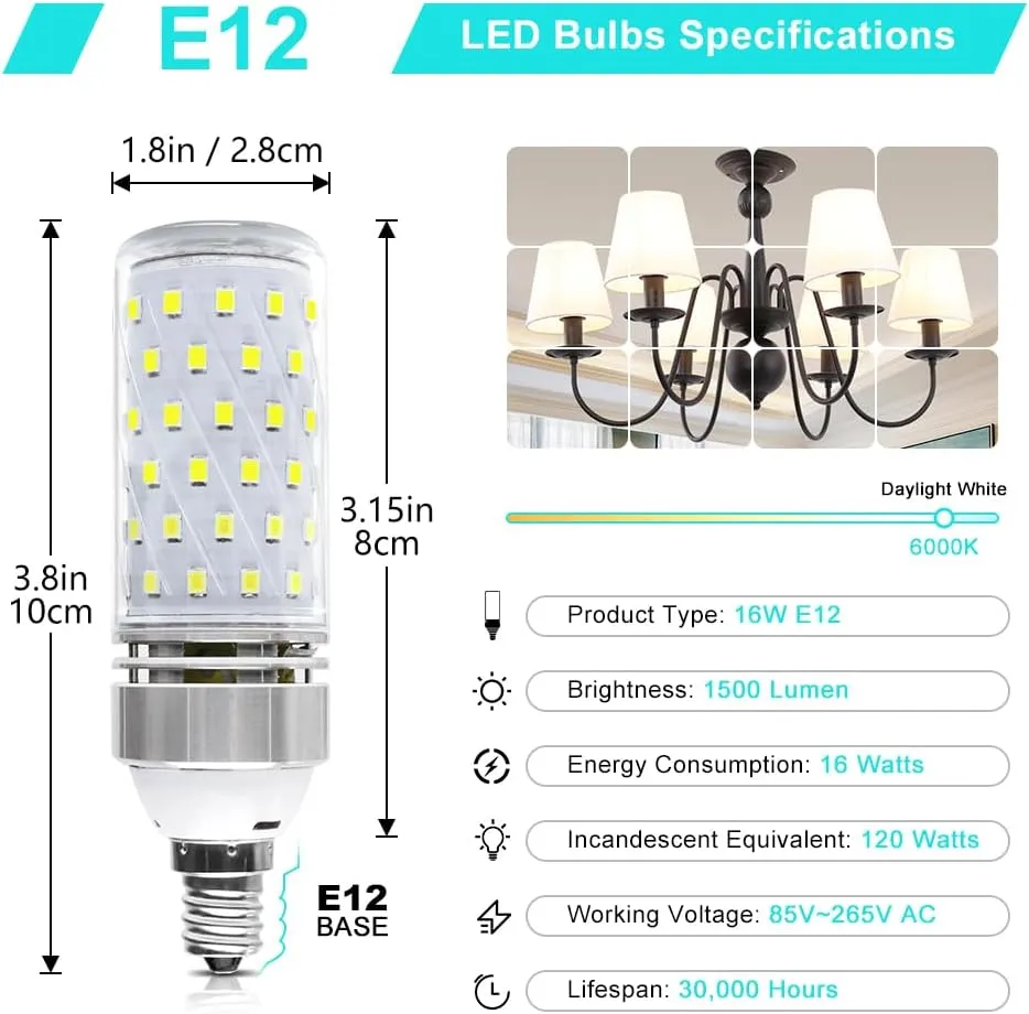 Super Bright E12 LED Bulbs, 16W 1500LM E12 Bulb, Daylight White 6000K Lights, CRI80 , 120W Incandescent Bulb Equivalent, E12 Base Non-Dimmable LED Lamp, Pack of 12