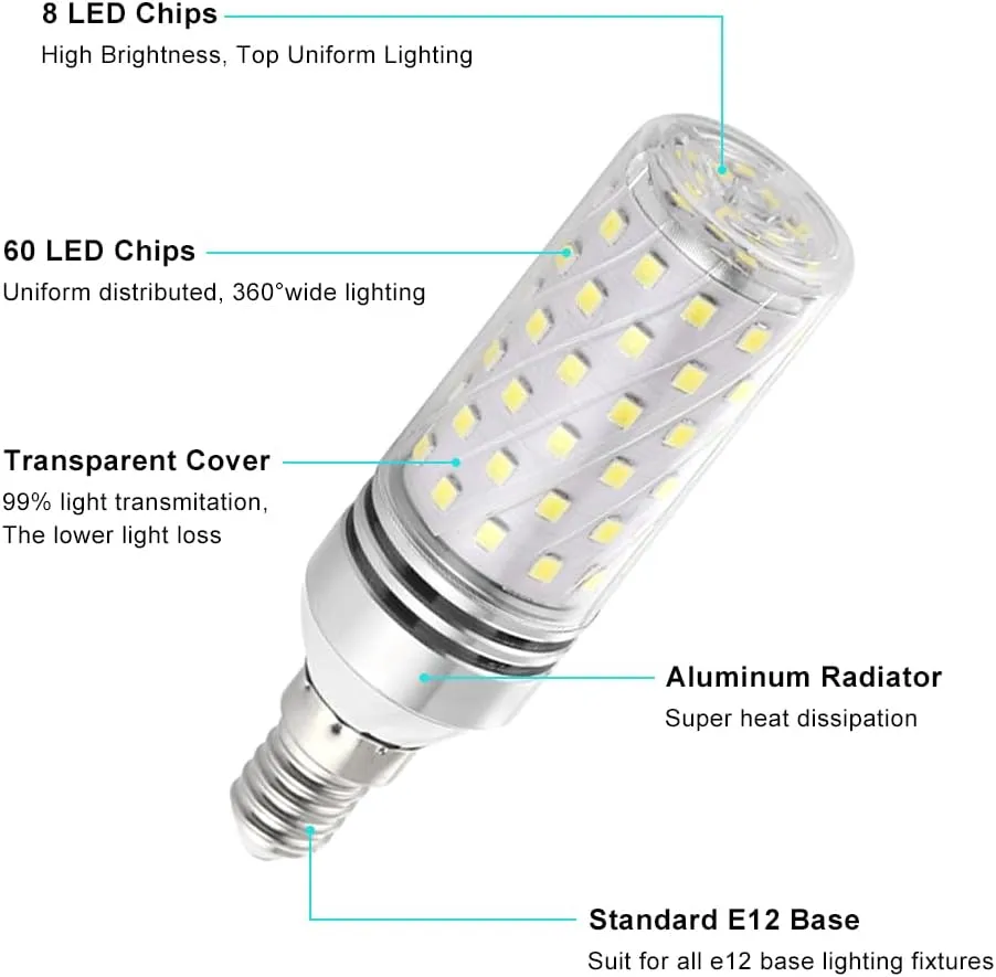 Super Bright E12 LED Bulbs, 16W 1500LM E12 Bulb, Daylight White 6000K Lights, CRI80 , 120W Incandescent Bulb Equivalent, E12 Base Non-Dimmable LED Lamp, Pack of 12