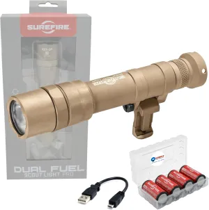 Sure Fire Dual Fuel Scoutlight Pro Tactical Light 1500 Lumen LED M640DF Tan Bundle with 4 Extra 123A Batteries and a Lightjunction Battery Box